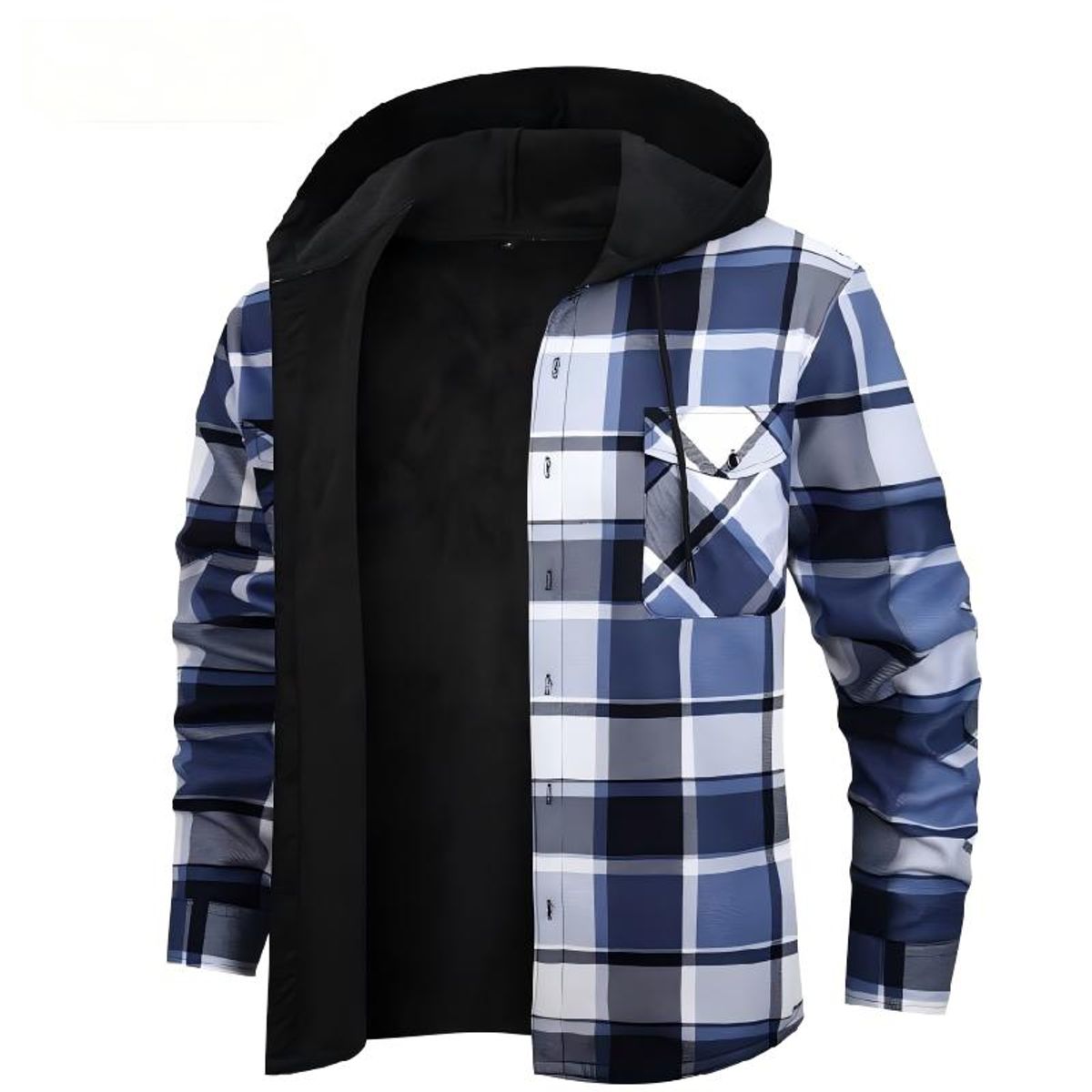 Men's Classic Plaid Hooded Jacket - Dark Blue,L