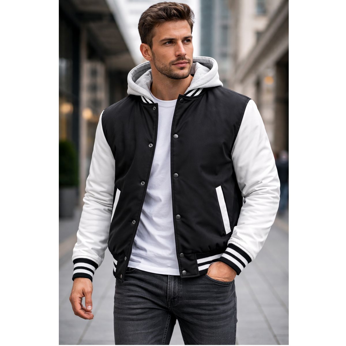 Men's Hooded Varsity Jacket with Detachable Hood - M/A16 - BK/WH - 2XL