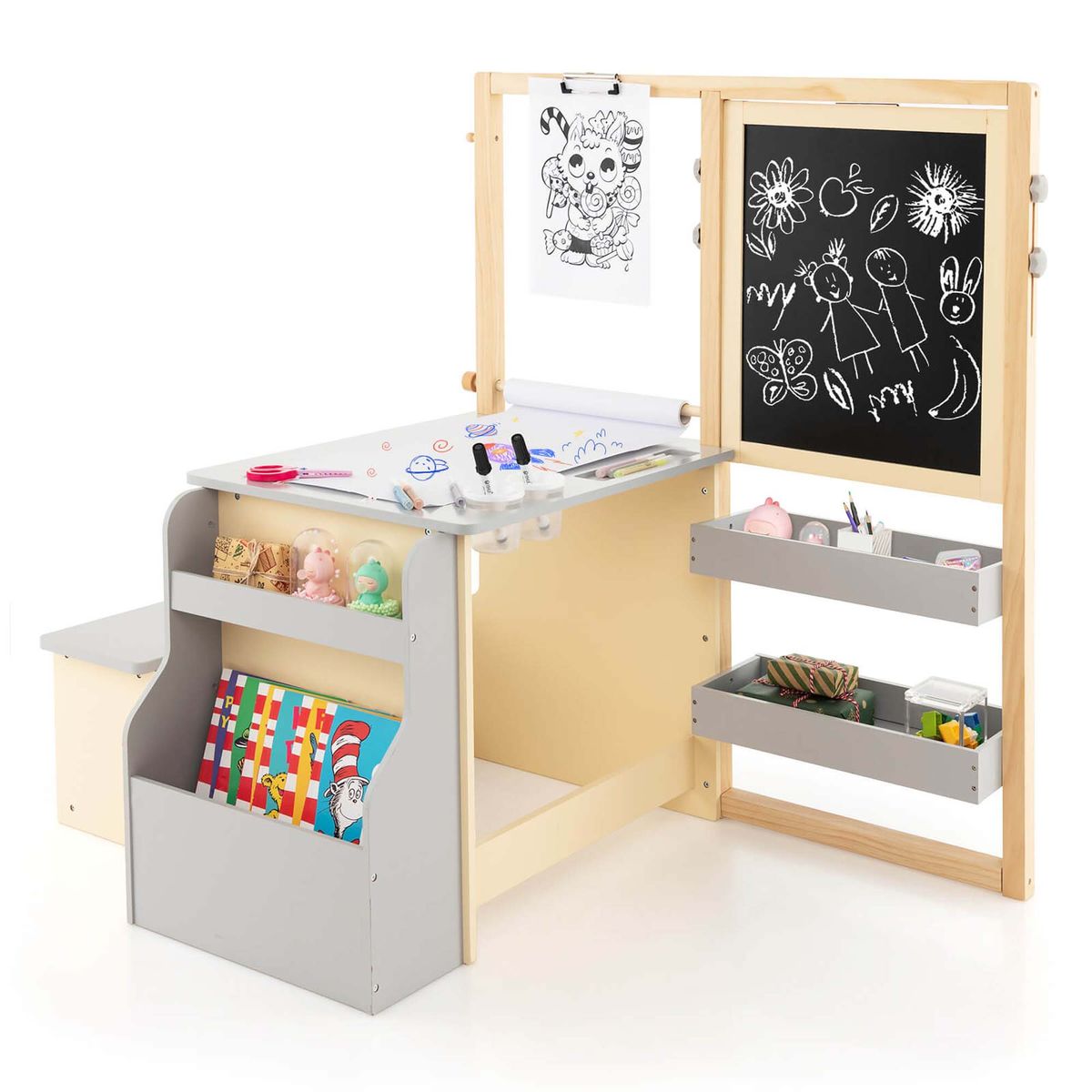 Kids Art Center Wooden Table Bench Set Adjustable Double-Sided Easel Storage - Grey
