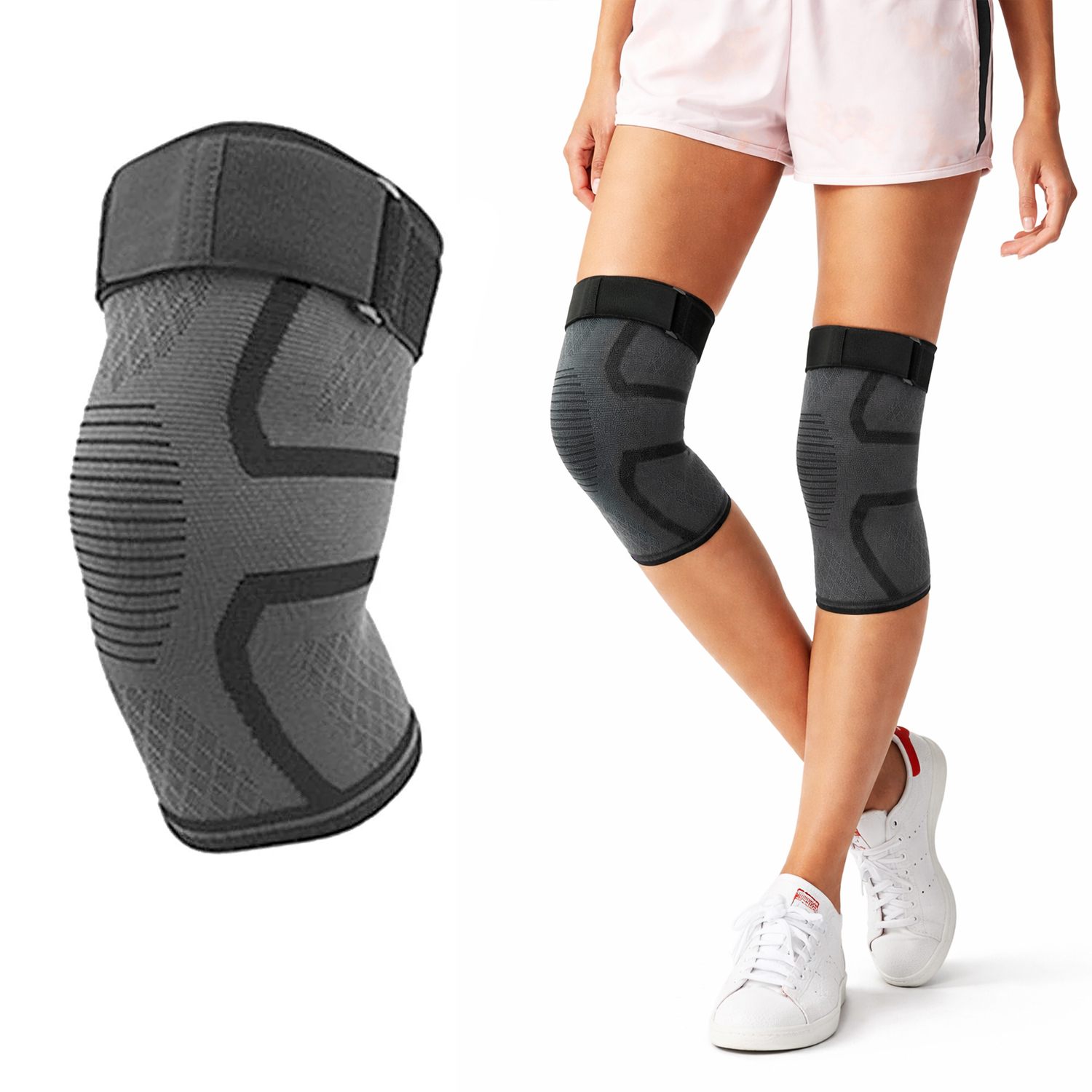 Knee Compression Extra Support Sleeves with Gel Grip (2-Pack) - Gray - Small