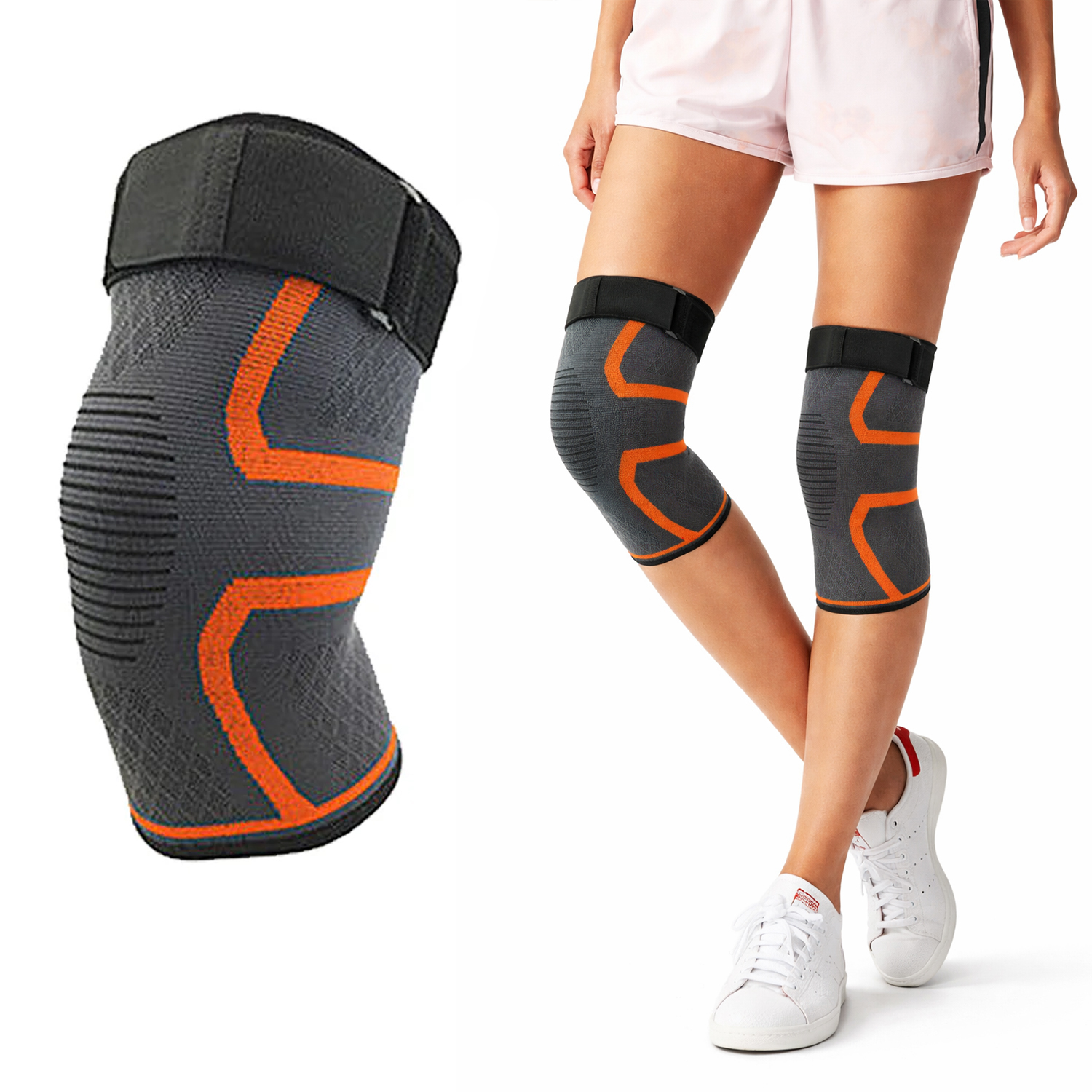 Knee Compression Extra Support Sleeves with Gel Grip (2-Pack) - Orange - Medium