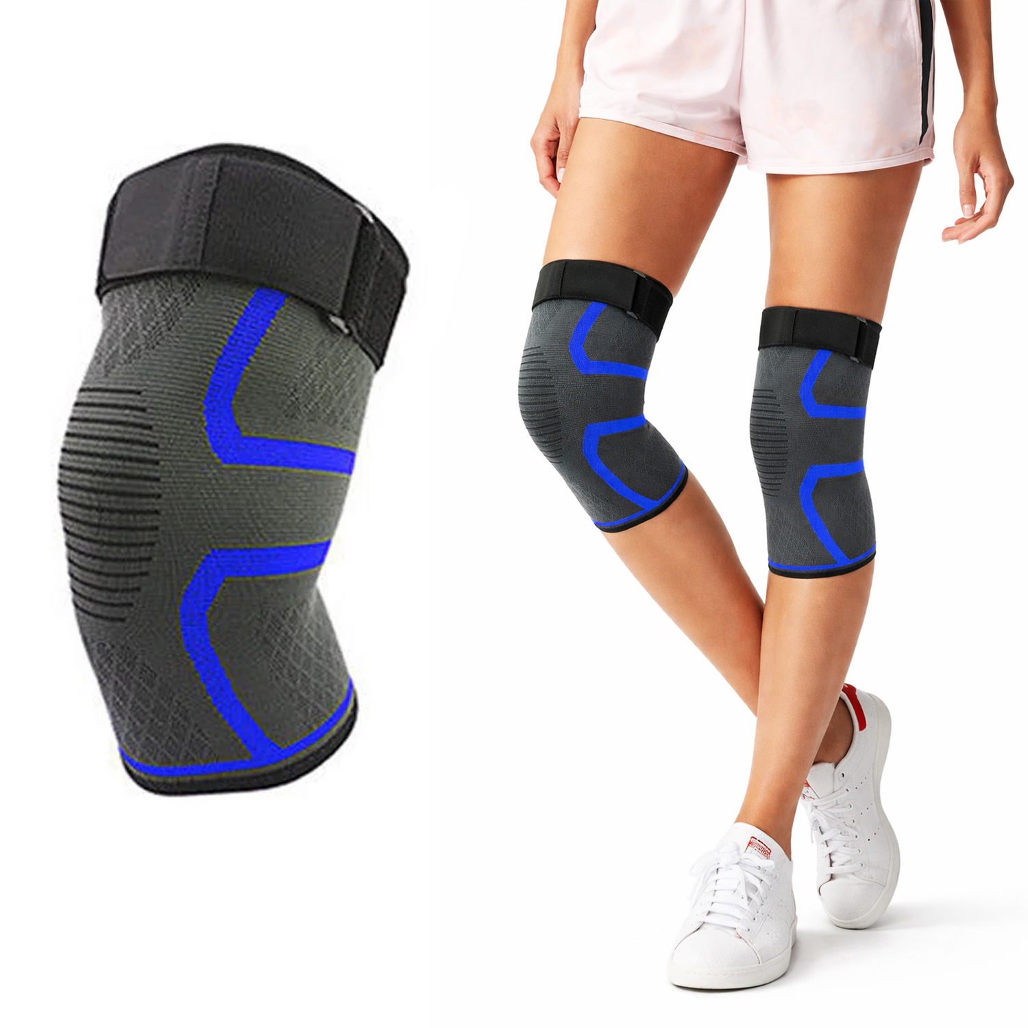Knee Compression Extra Support Sleeves with Gel Grip (2-Pack) - Blue - Medium