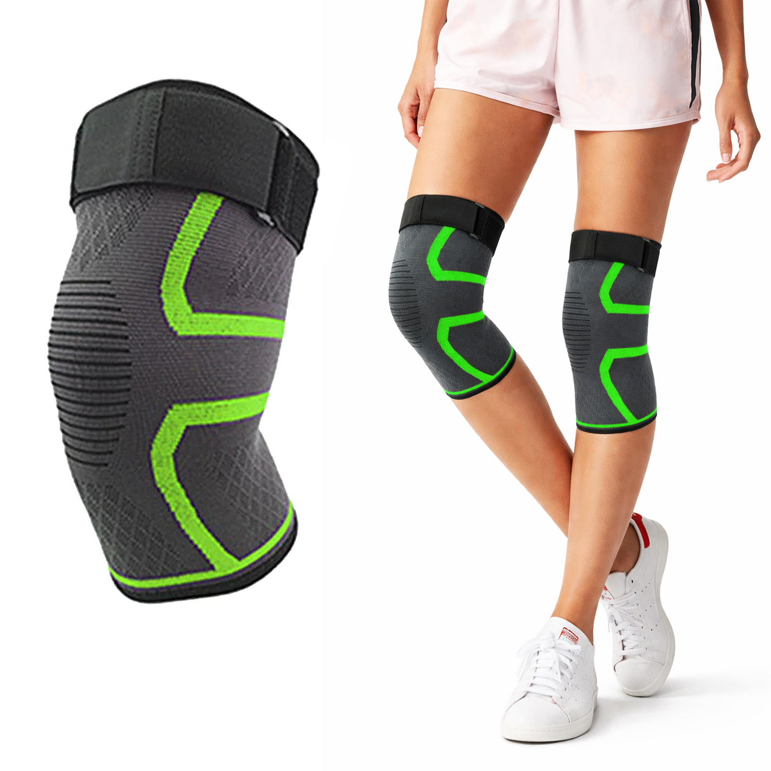 Knee Compression Extra Support Sleeves with Gel Grip (2-Pack) - Green - Large