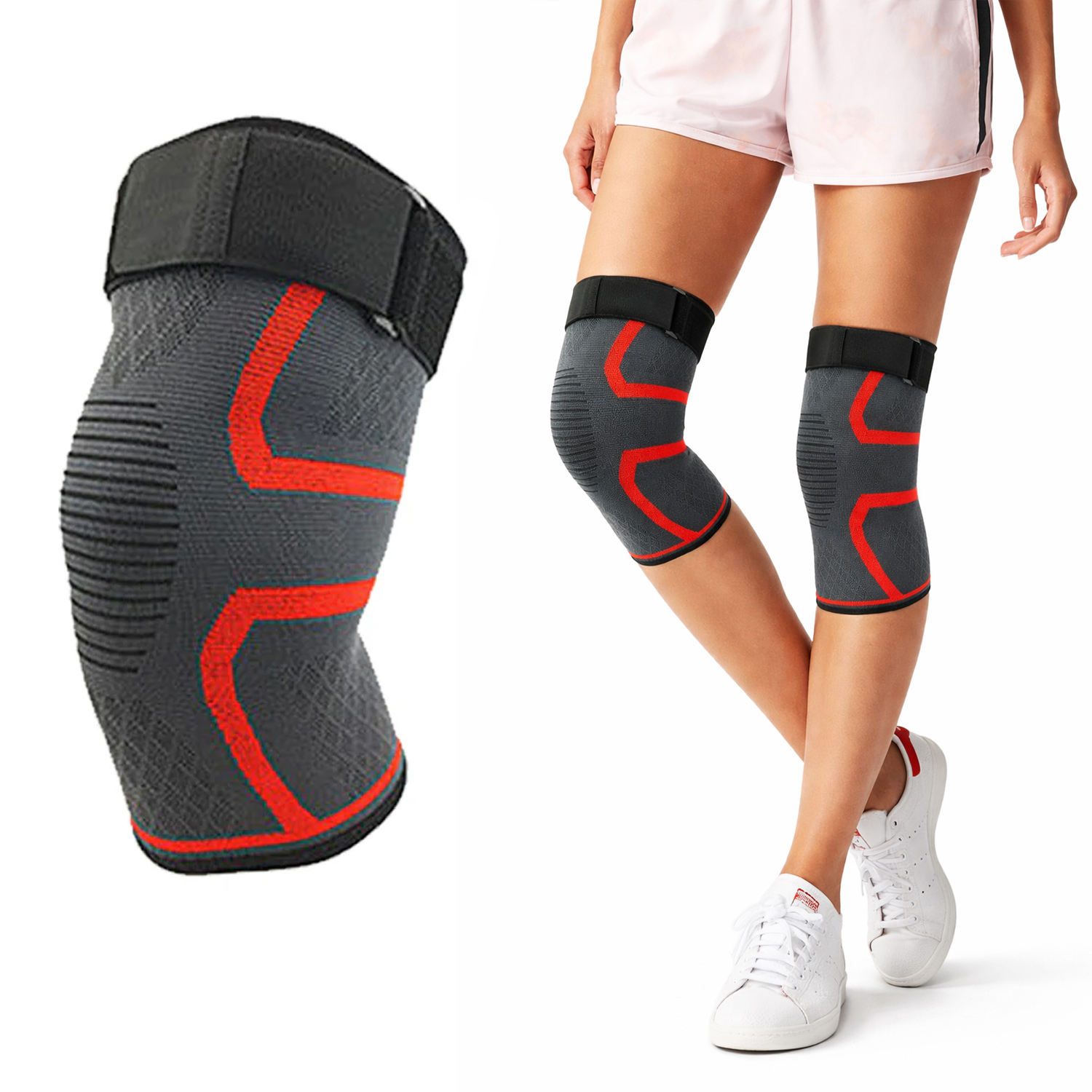 Knee Compression Extra Support Sleeves with Gel Grip (2-Pack) - Red - Small