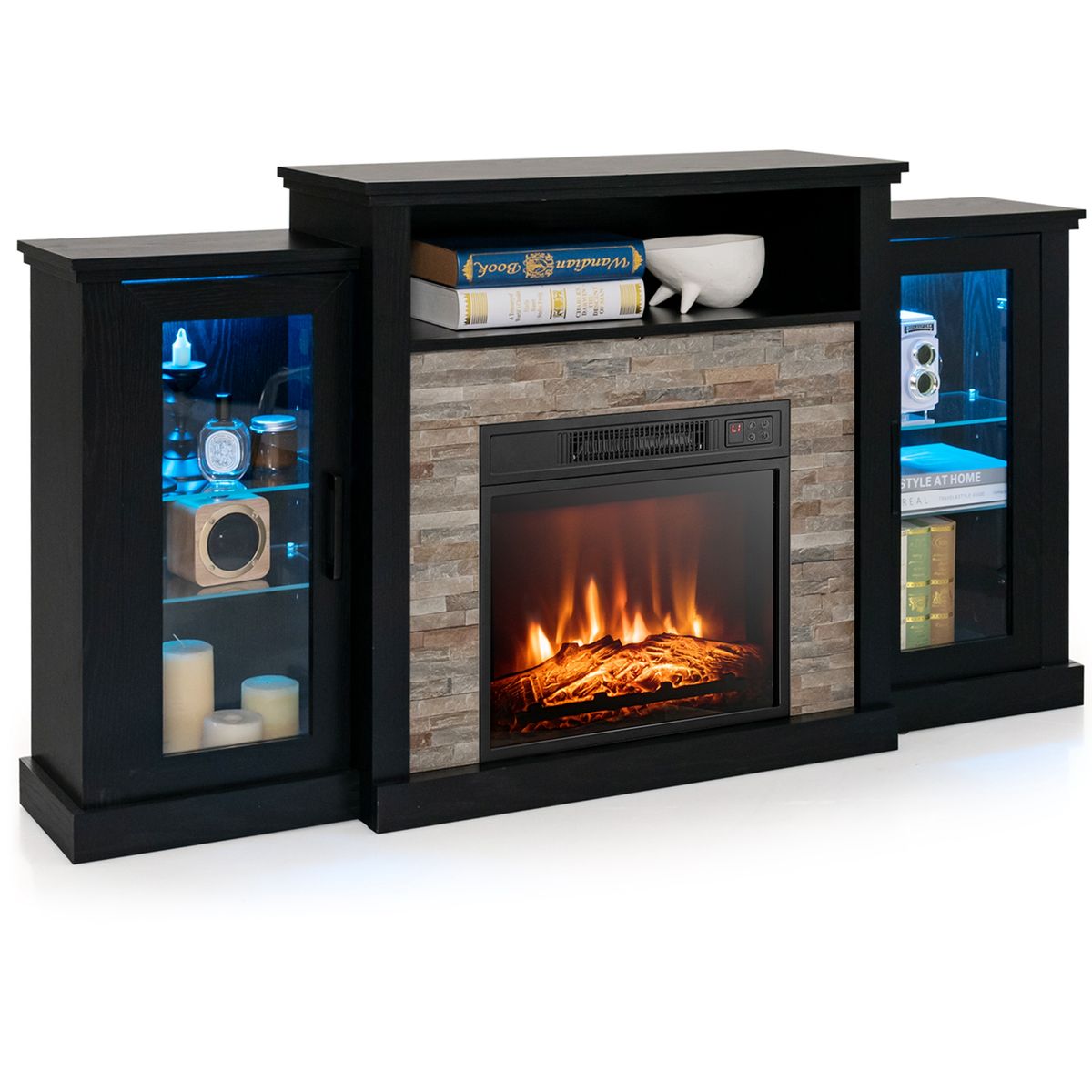 Fireplace Tv Stand with Led Lights & Electric Fireplace For 65" Wall-Mounted Tv - Black