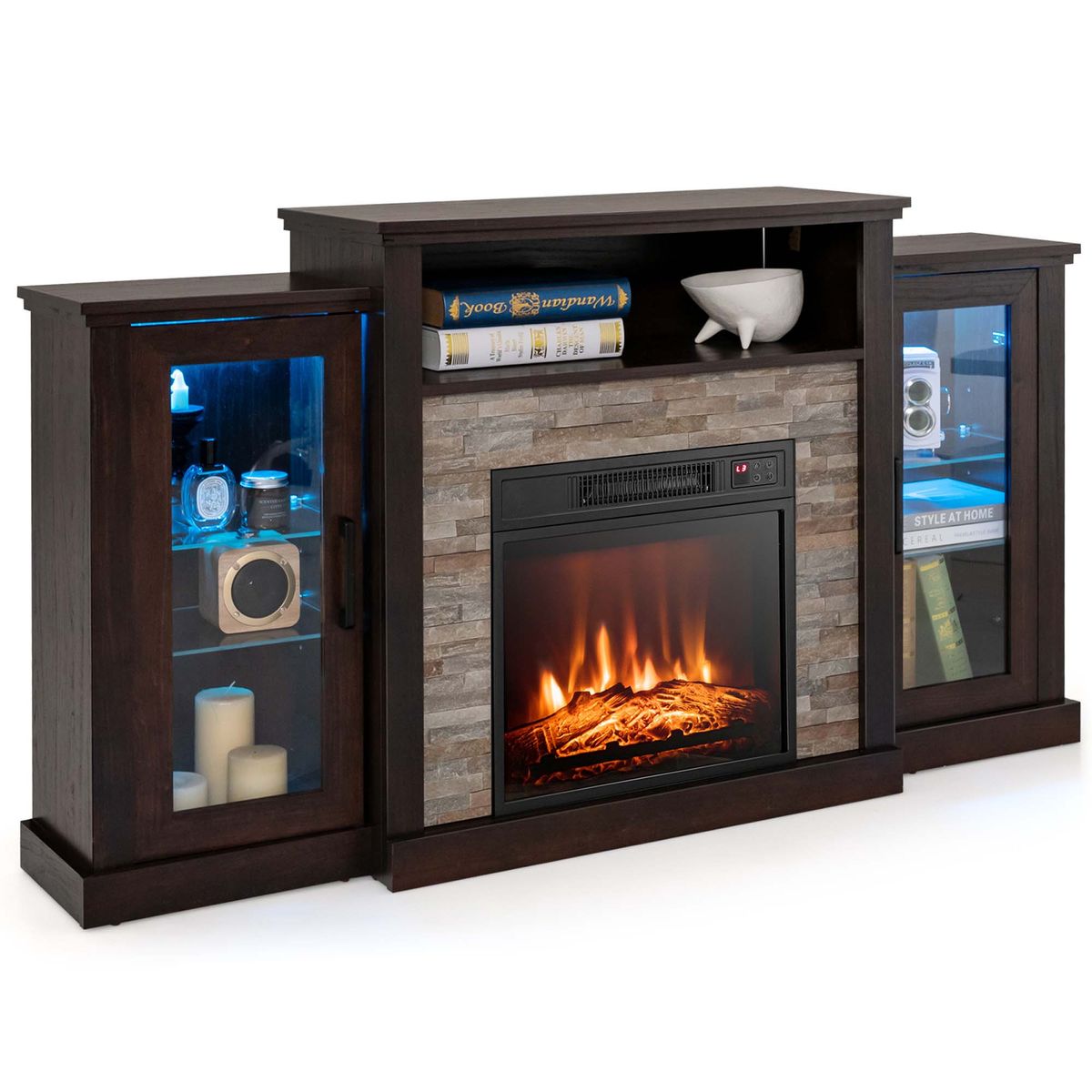Fireplace TV Stand with LED Lights and Adjustable Temperature - Dark Brown