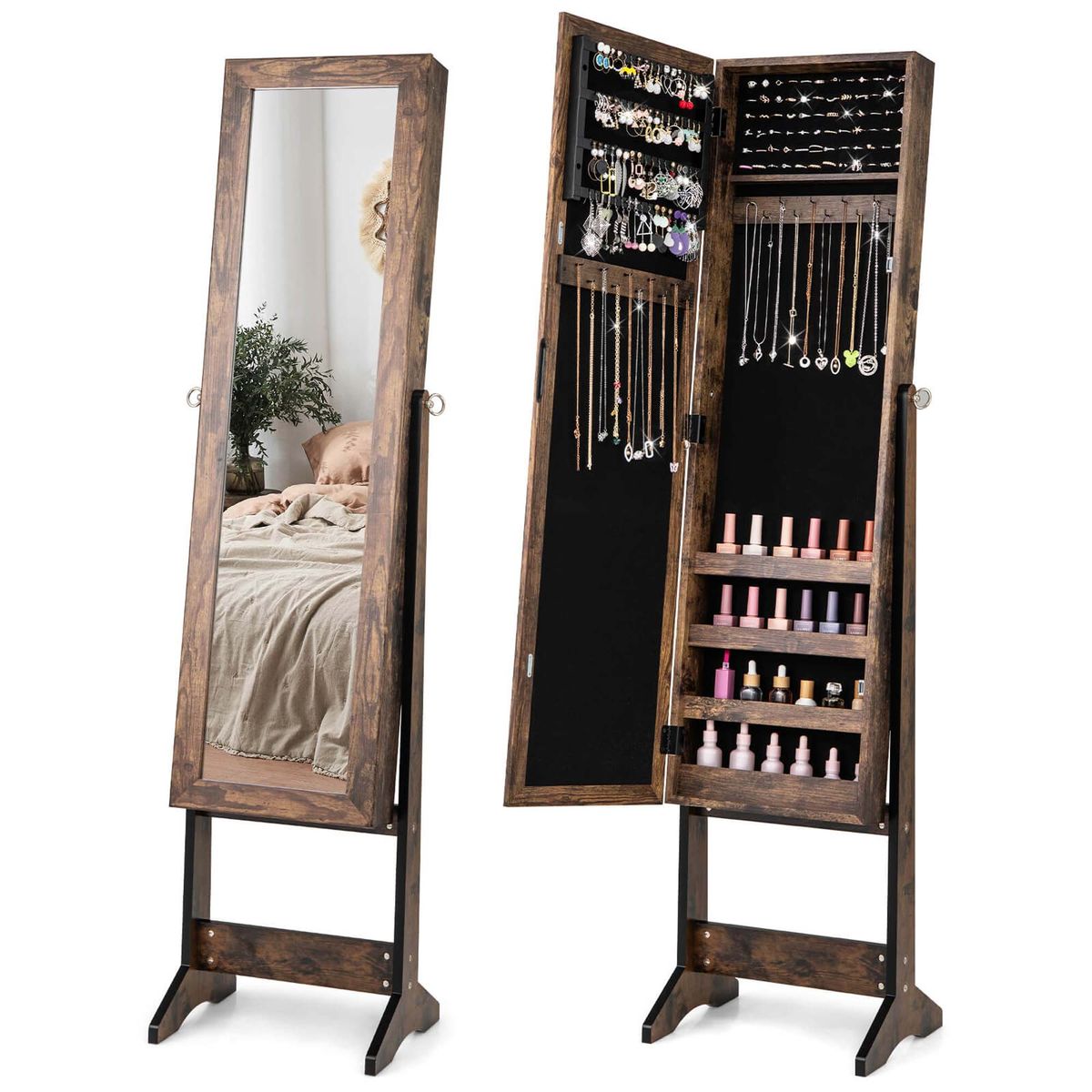 Mirrored Standing Jewelry Cabinet Storage Box - Mirrored Cabinet-Coffee