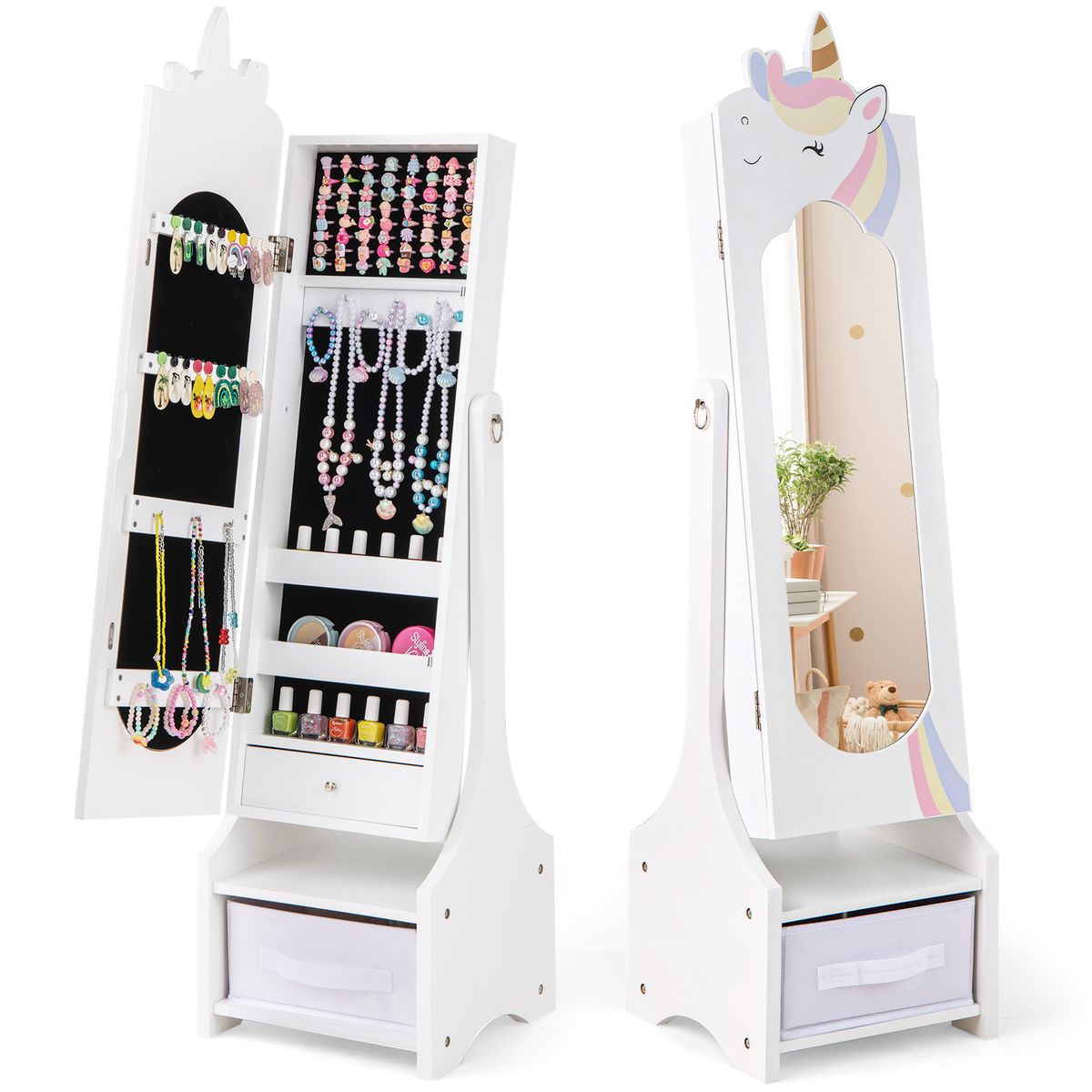 Kids' Tilt-Angle Jewelry Cabinet with Full-Length Mirror - White
