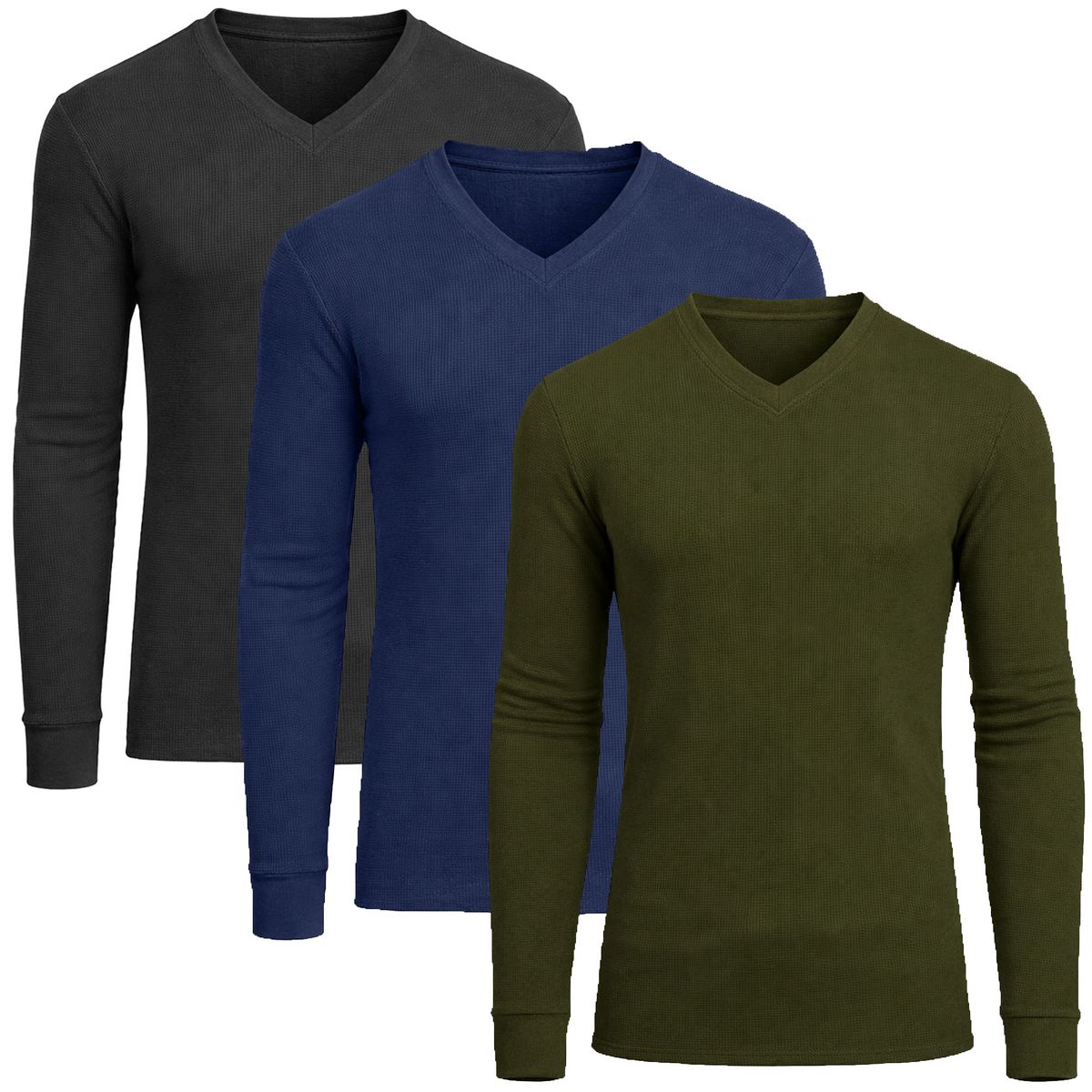 Men&rsquo;s Long Sleeve V-Neck Waffle Knit Thermal Shirt (3-Pack) - MVTH-6875-BK-NV-OL - M