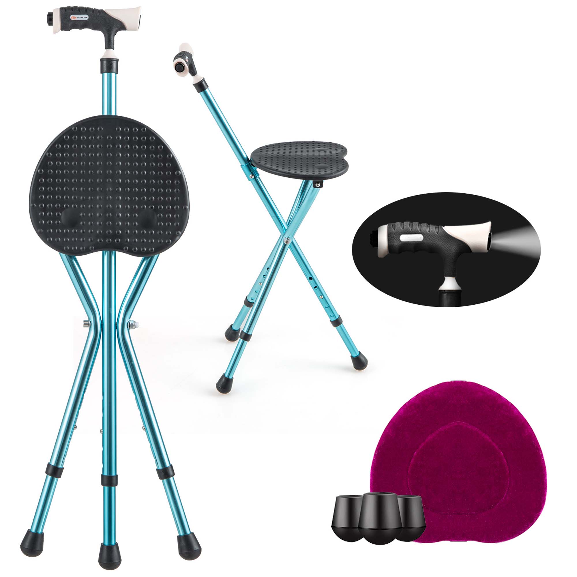 Lightweight Adjustable Folding Cane Seat with Light - Black