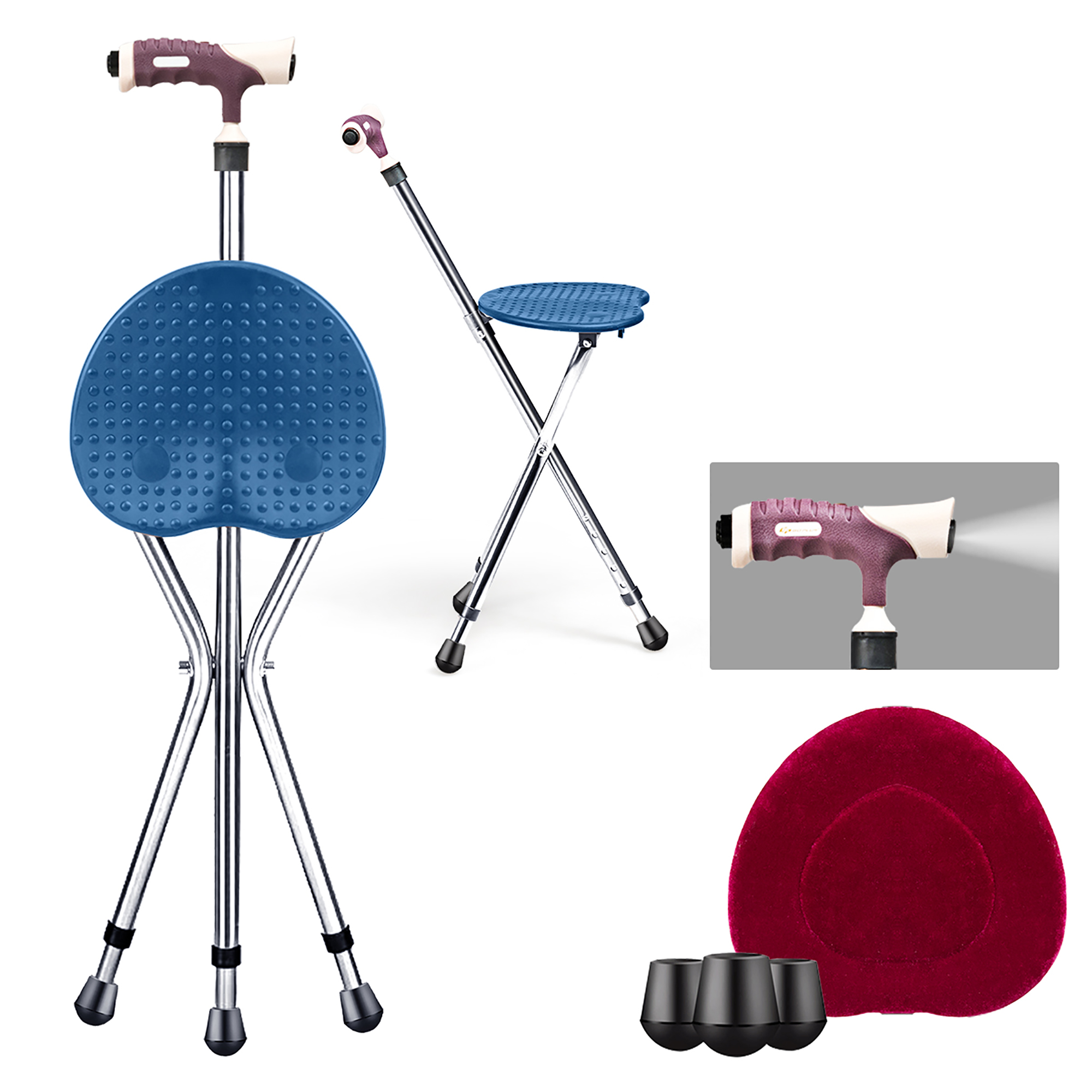 Lightweight Adjustable Folding Cane Seat with Light - Blue