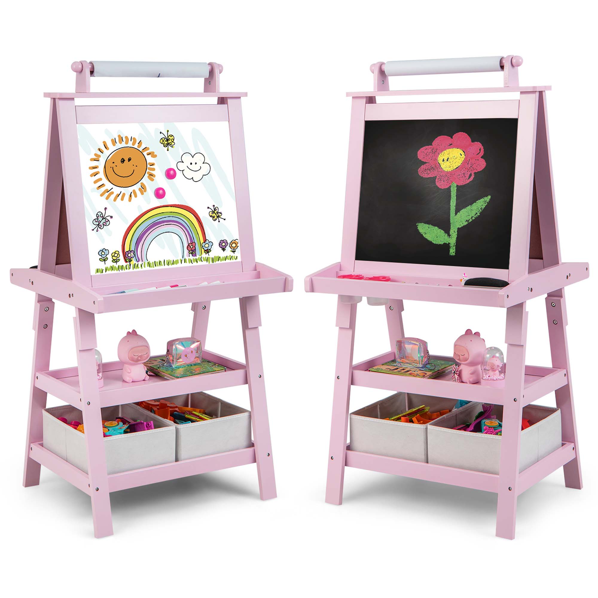 Kids Art Easel Double Sided Chalkboard Magnetic Whiteboard with Storage Tray - Pink