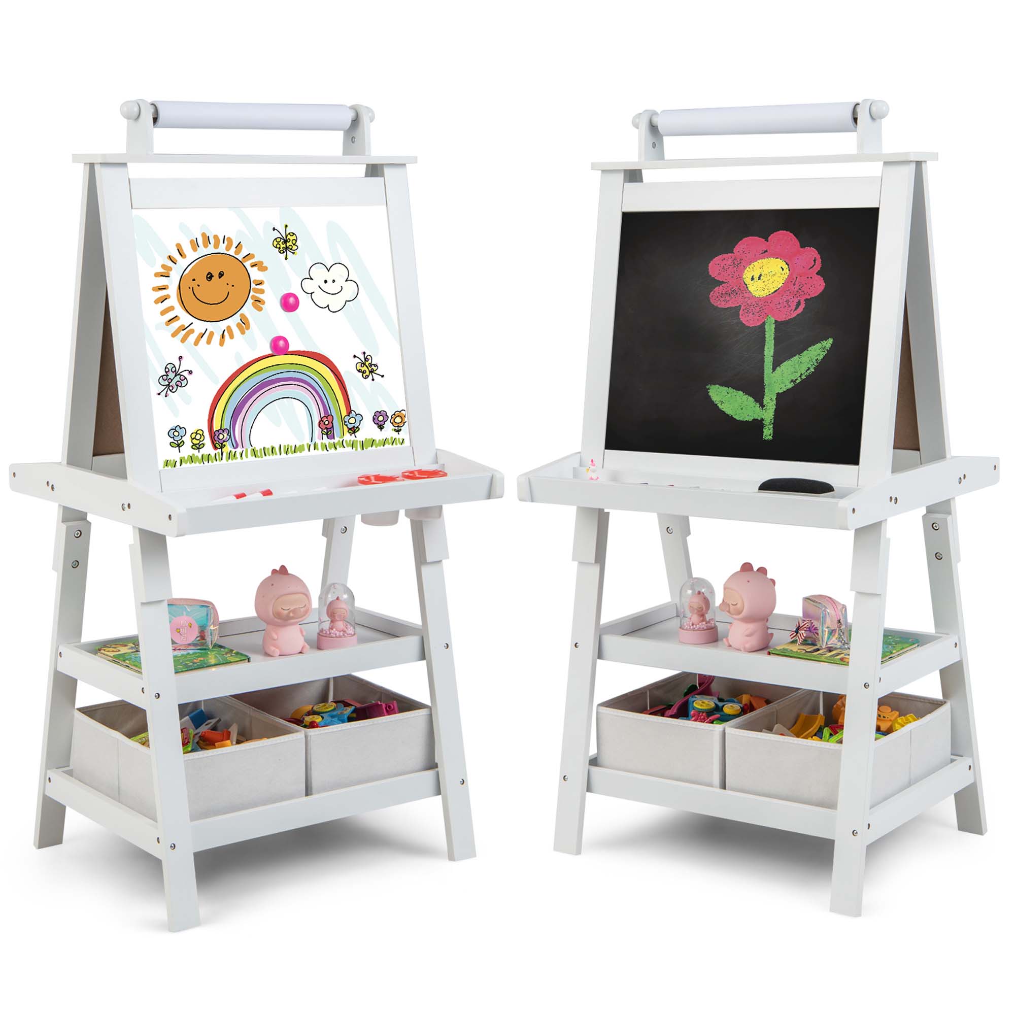 Kids Art Easel Double Sided Chalkboard Magnetic Whiteboard with Storage Tray - White