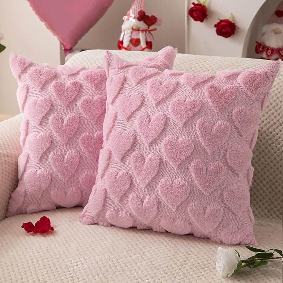 Heart Faux Fur Jacquard Throw Pillow Cover (2-Pack) - Pink-2 pack