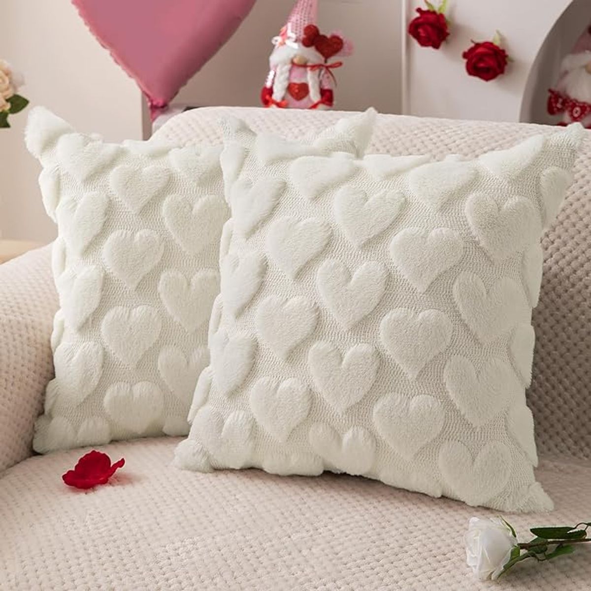 Heart Faux Fur Jacquard Throw Pillow Cover (2-Pack) - White-2 pack