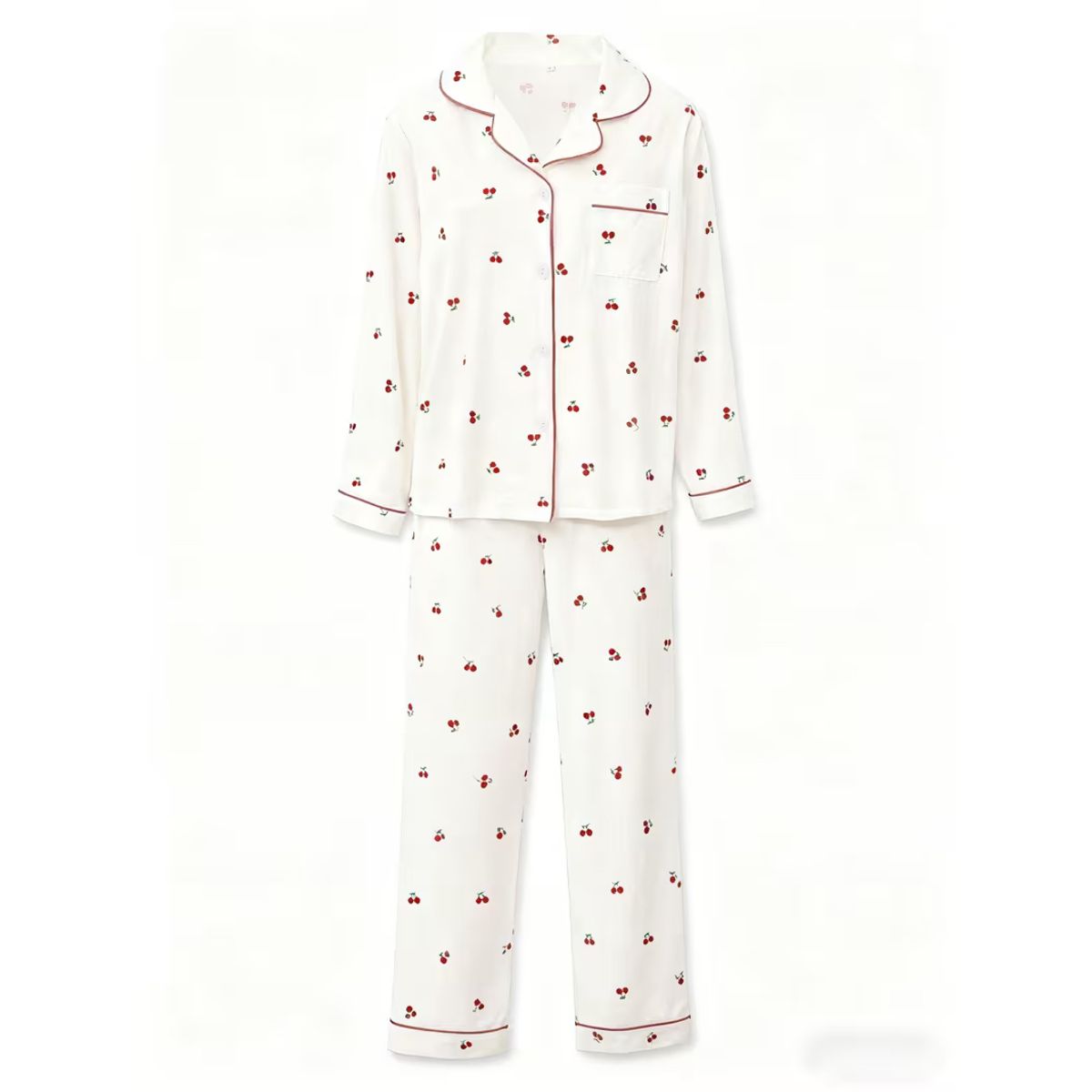 Women's Cherry Printed Pajamas (2 Piece Set)  - White-S