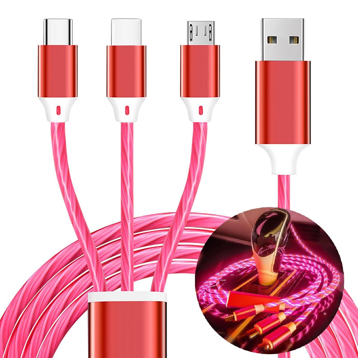 3 in 1 LED Flowing Luminous Fast Charging Cable (3.3ft) - Red-2-Pack