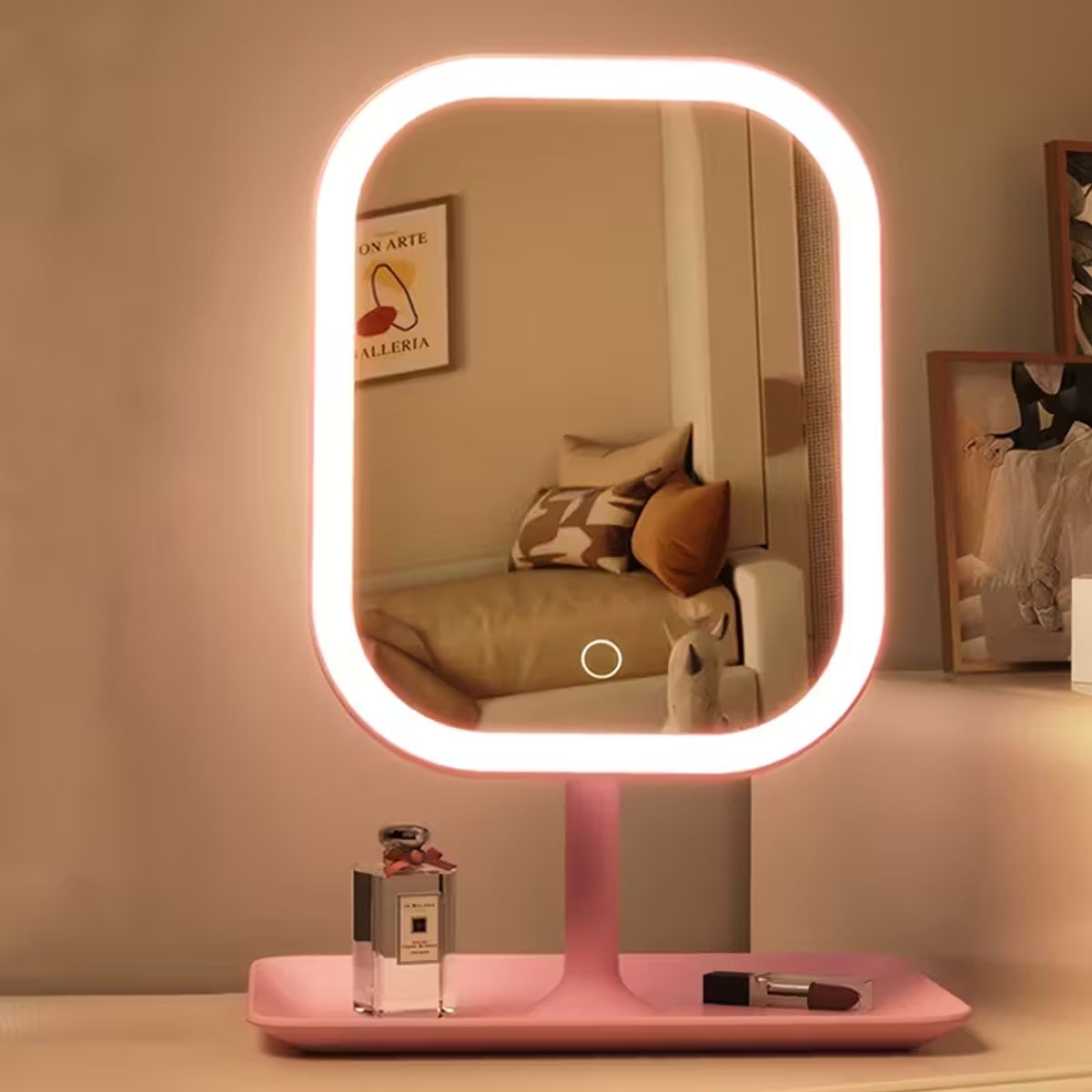 Rotating Makeup Mirror With LED Lighting - Pink