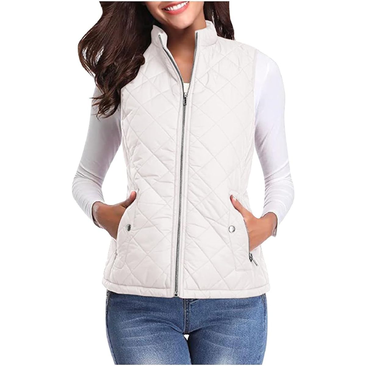 Women's Zip-Up Quilted Vest - White-L