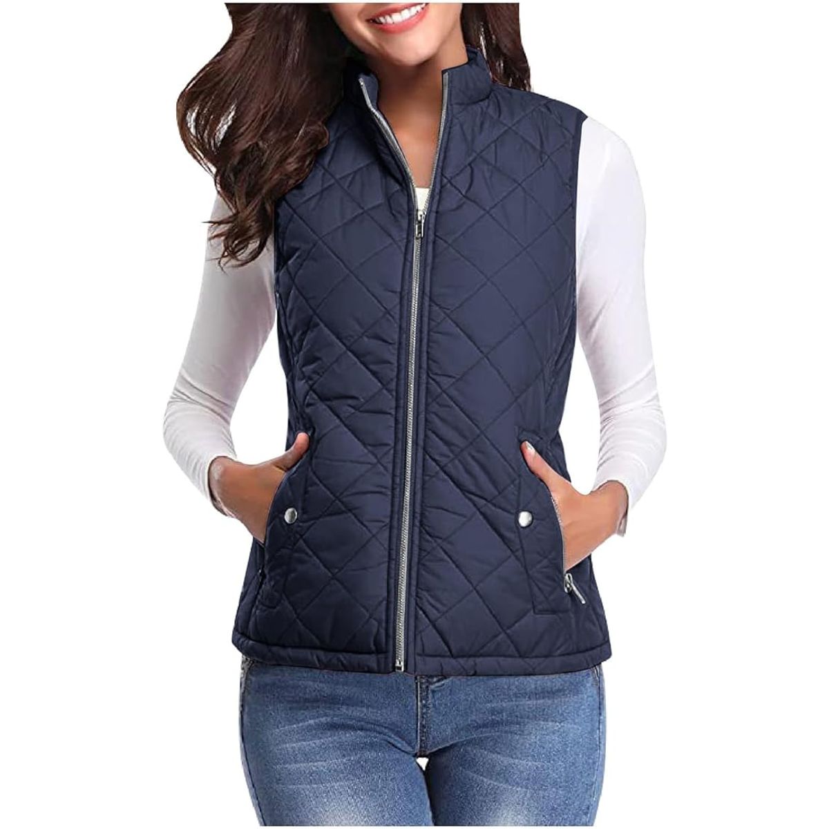 Women's Zip-Up Quilted Vest - Navy Blue-L