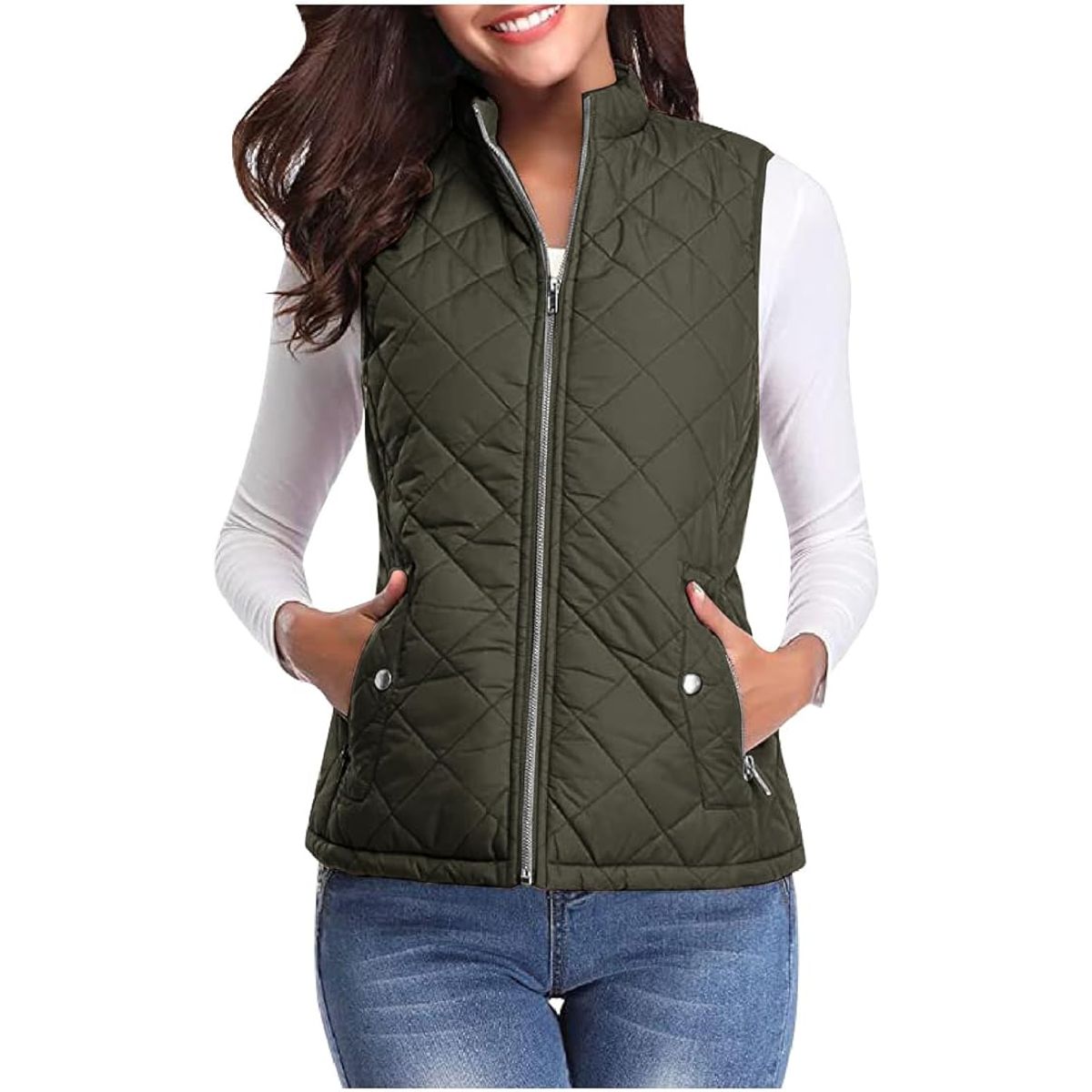 Women's Zip-Up Quilted Vest - Green-XXL