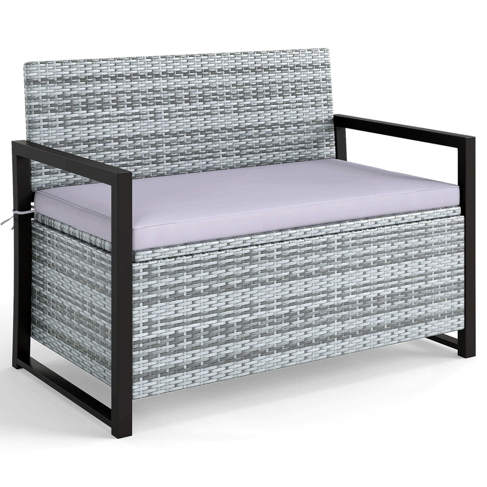 Rattan Loveseat with Inclined Backrest and Under-Seat Storage - Gray