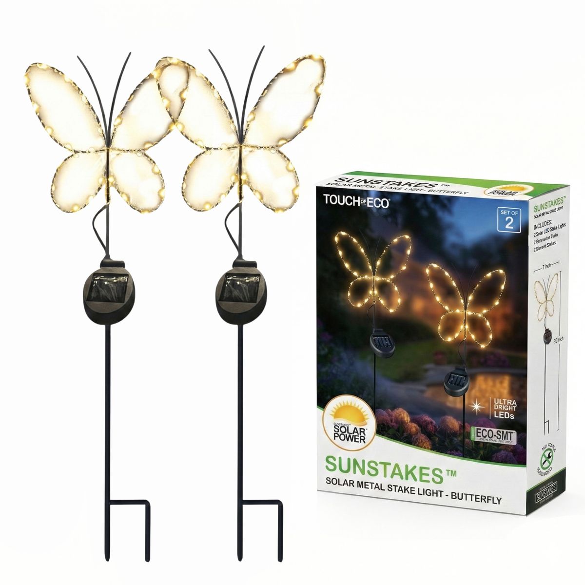 Solar Powered LED Garden Stake Light (Set of 2) - White Butterfly Stake Light