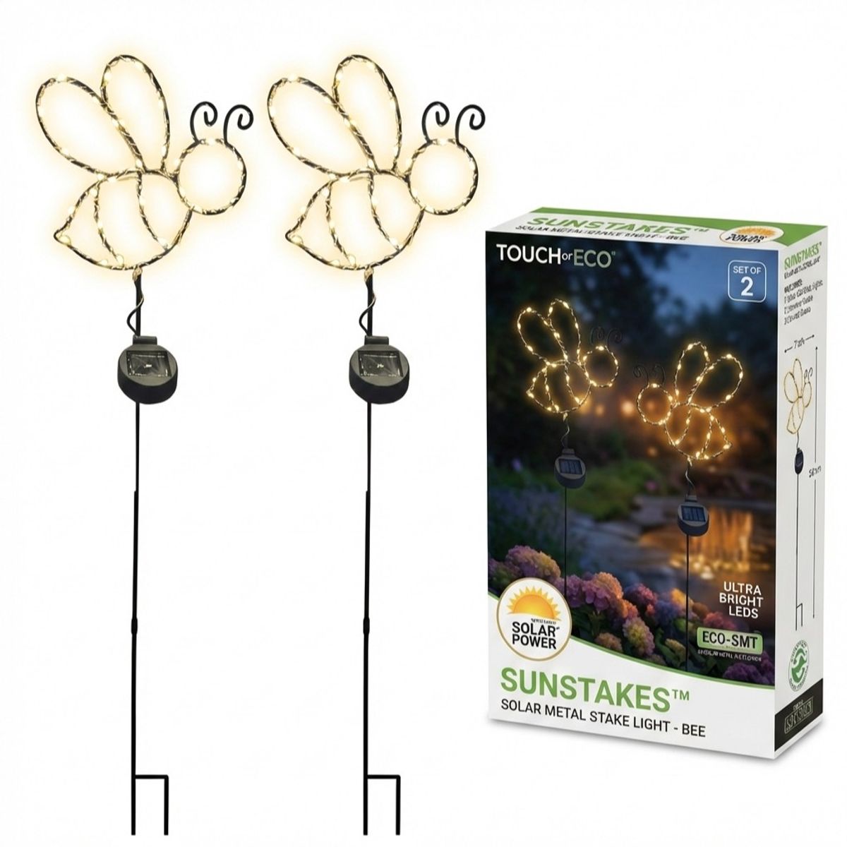 Solar Powered LED Garden Stake Light (Set of 2) - White Bee Stake Light