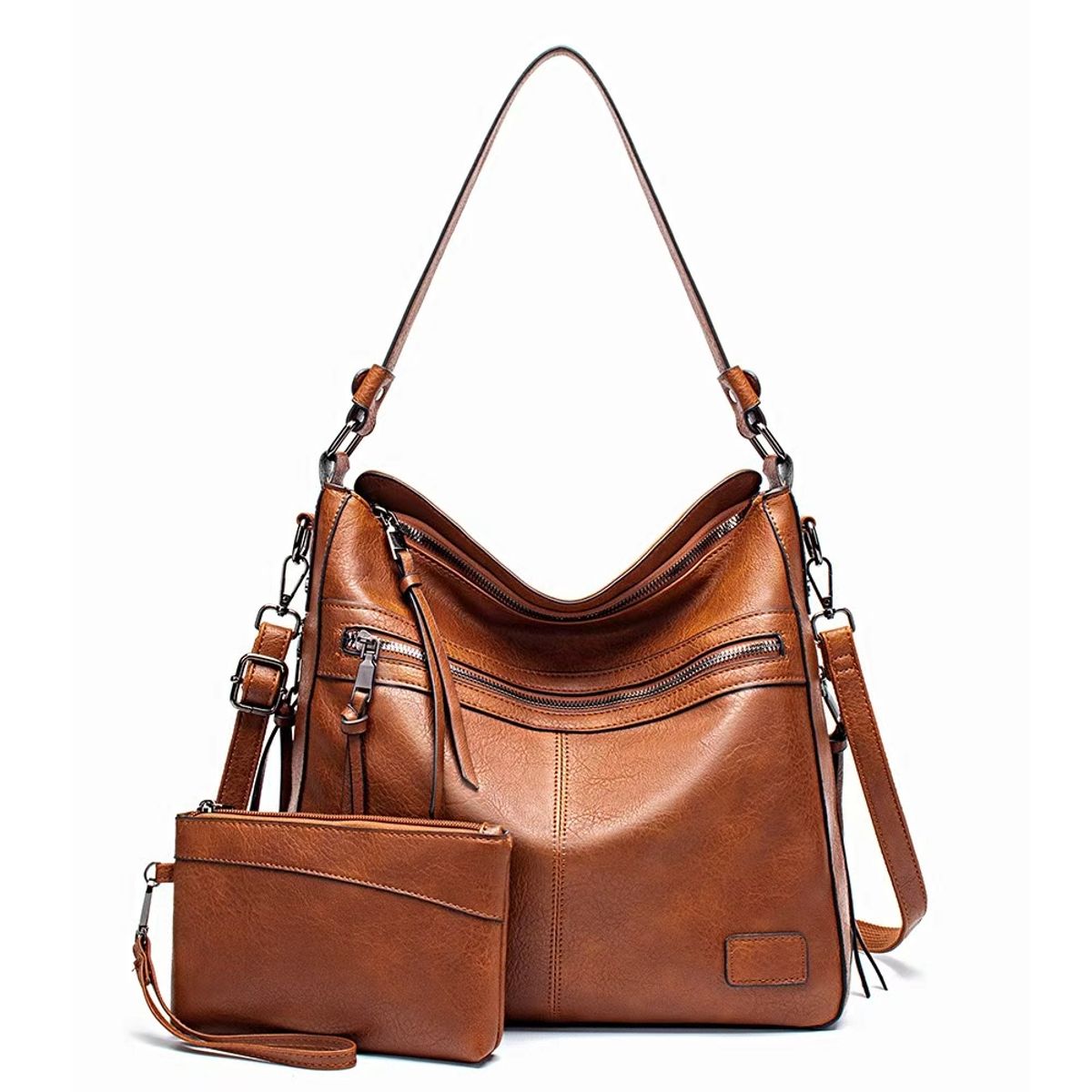 Multi-Pocket Crossbody/Shoulder Bag - Light Brown