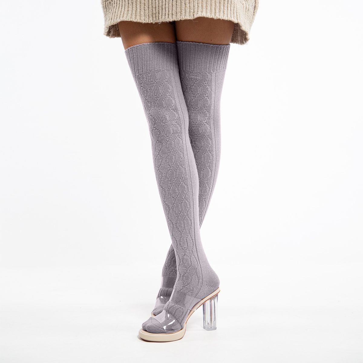 Thigh High Knit Boot Socks - Gray