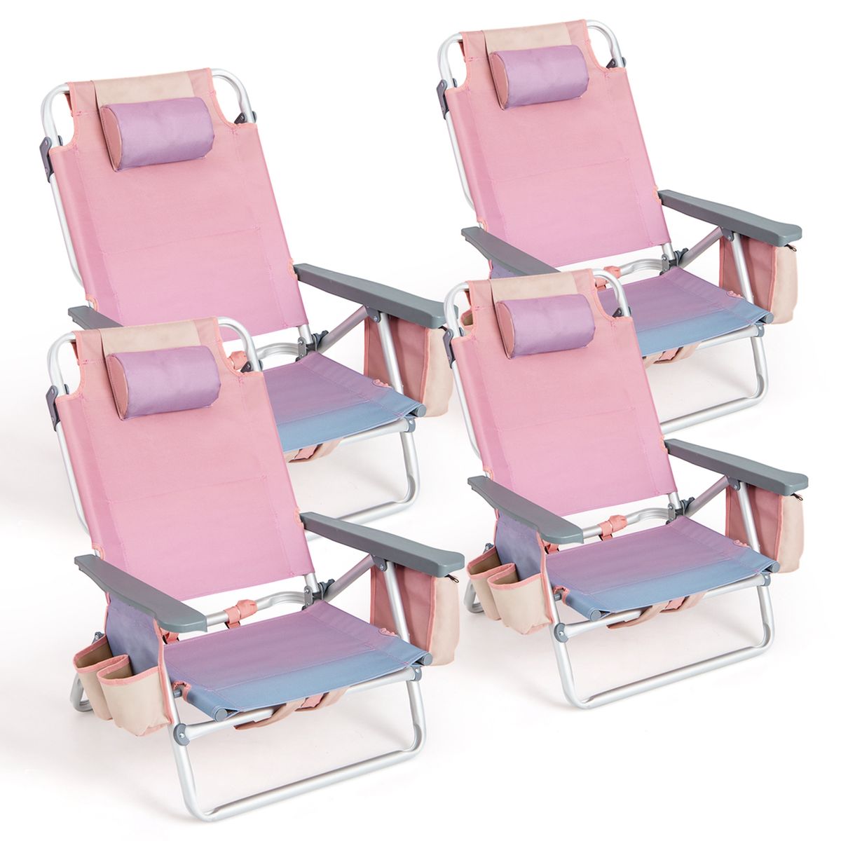 5-Position Outdoor Folding Backpack Beach Reclining Chair with Pillow (4-Pack) - 4Pcs Beach Chair-Pink