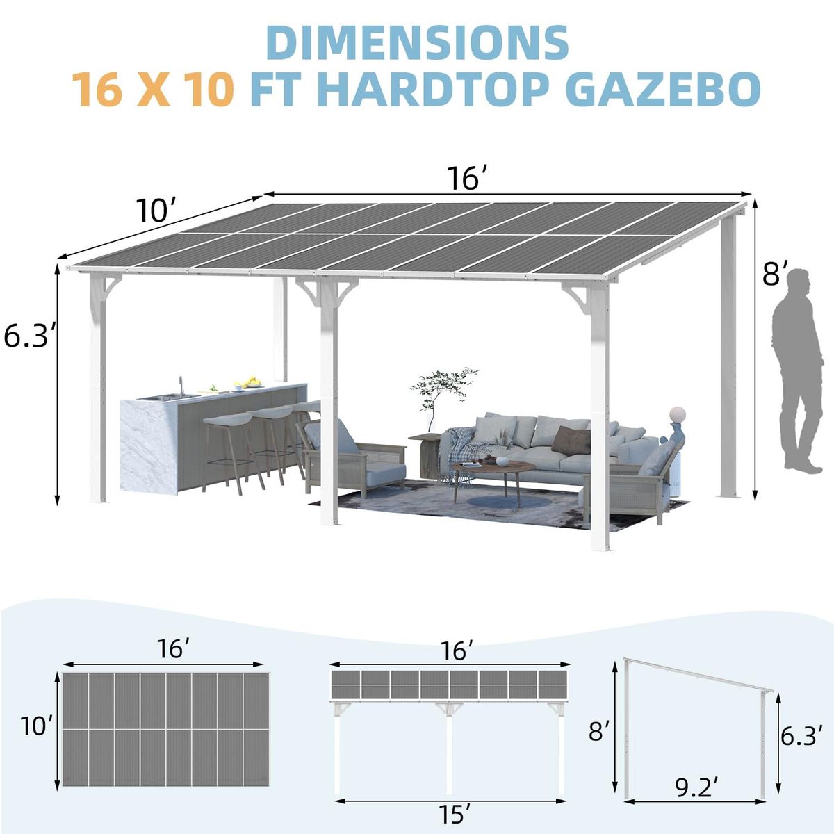 Gazebo Outdoor LeanTo Pergola for Patio  16 x 10
