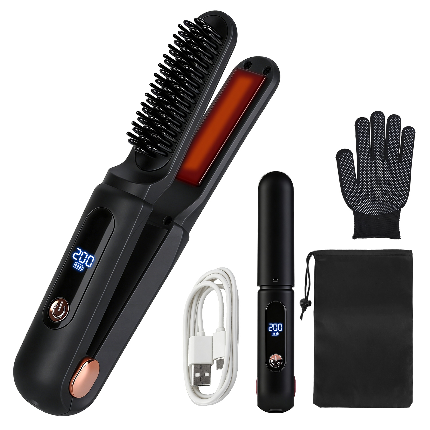 2in1 Cordless Ceramic Flat Iron  Hair Straightening Brush  Black