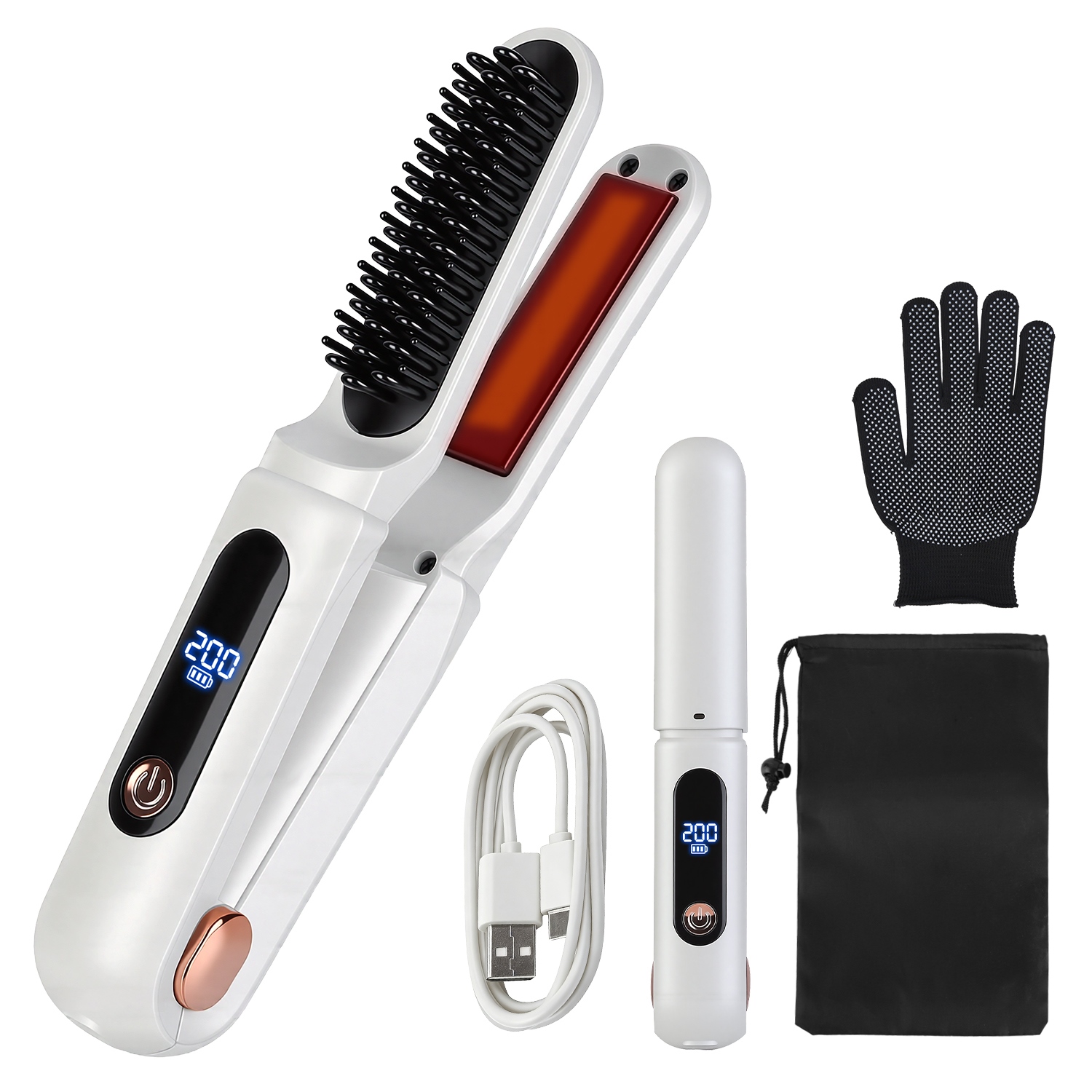 2in1 Cordless Ceramic Flat Iron  Hair Straightening Brush  White
