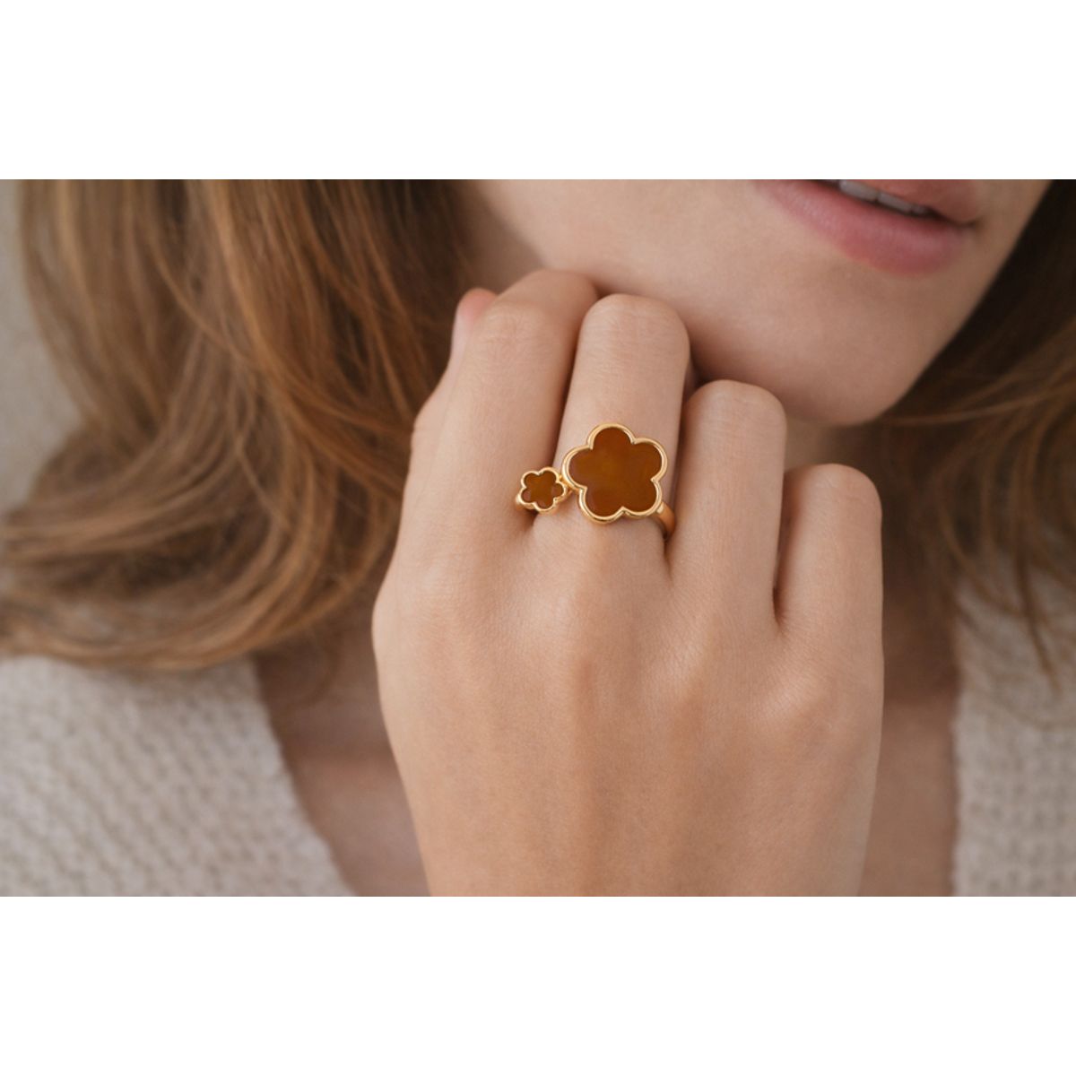 18K Gold Plated Adjustable Flower Ring clover ring brown
