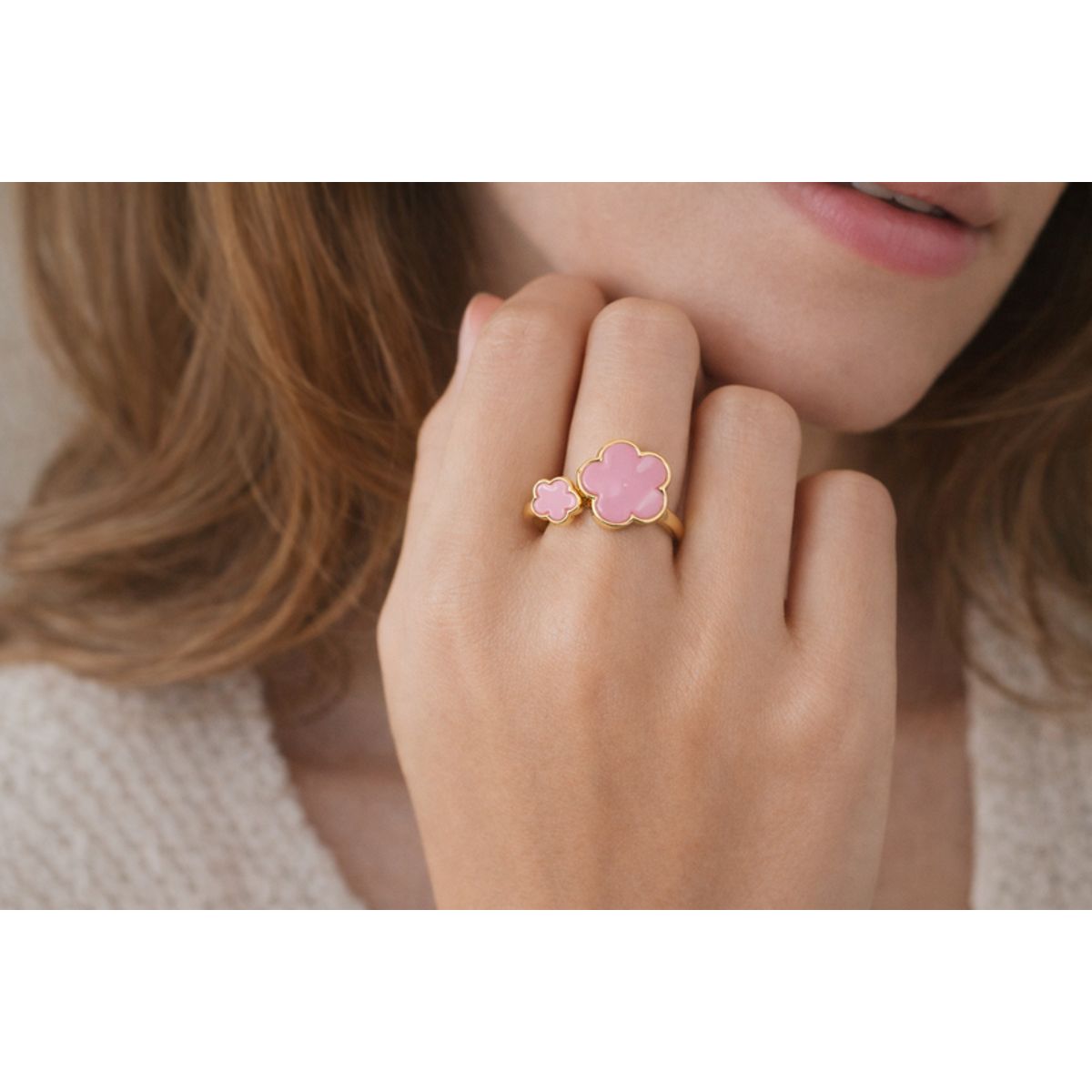 18K Gold Plated Adjustable Flower Ring clover ring pink