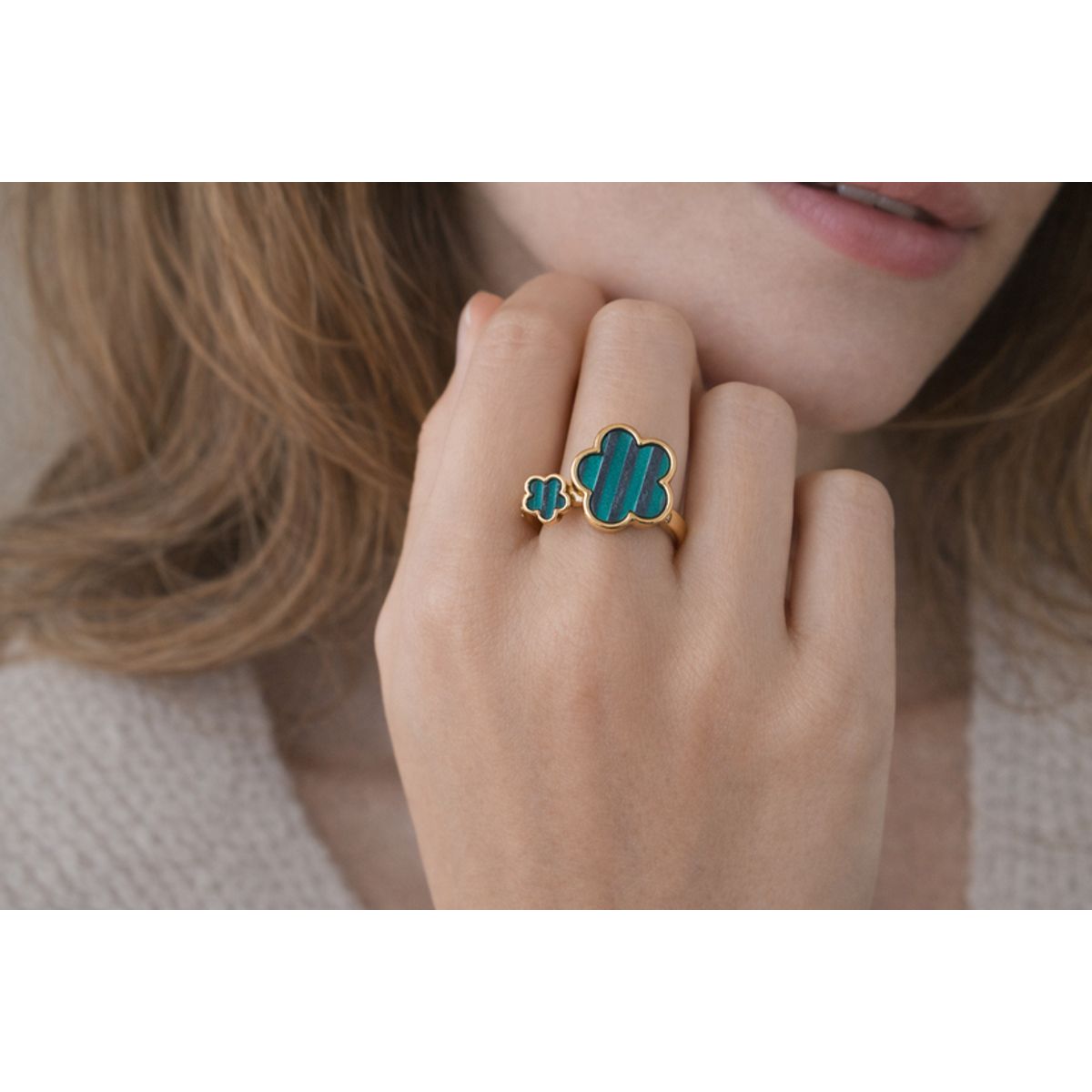 18K Gold Plated Adjustable Flower Ring clover ring green