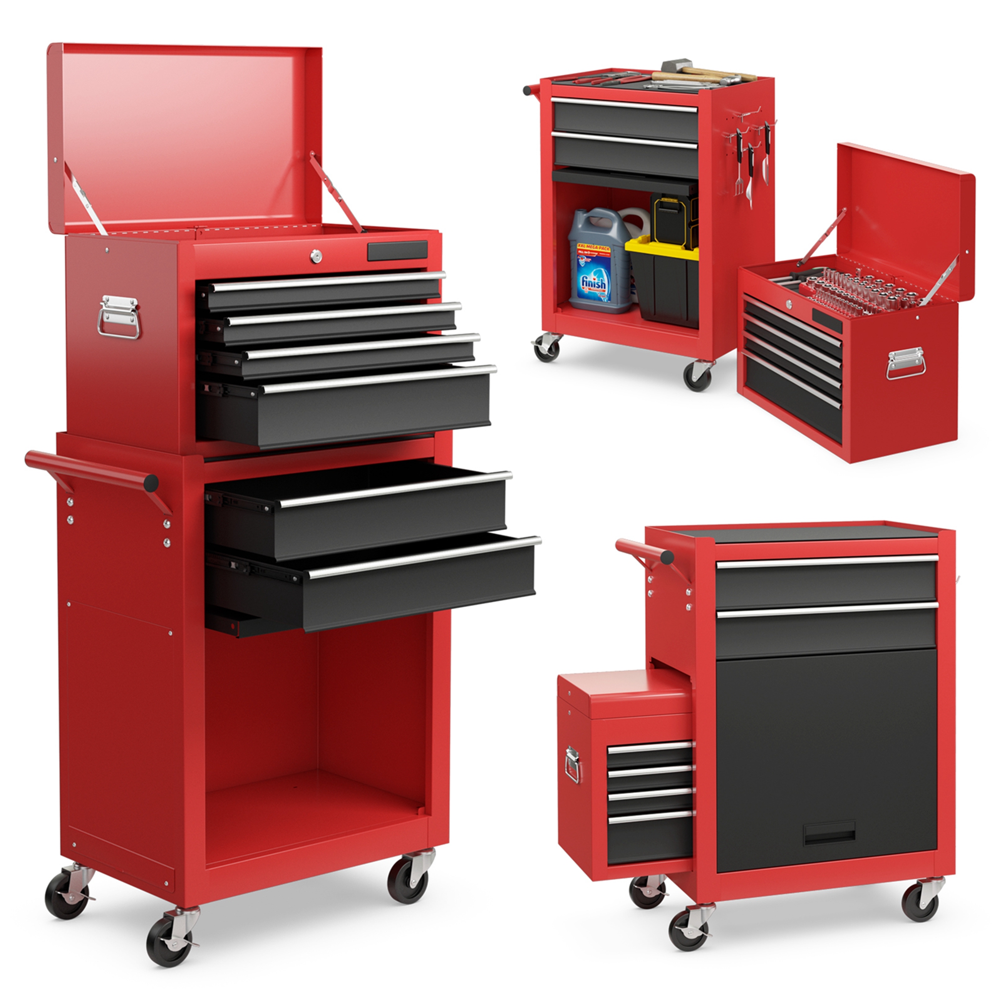Rolling 2-in-1 6-Drawer Tool Cabinet - Black & Red