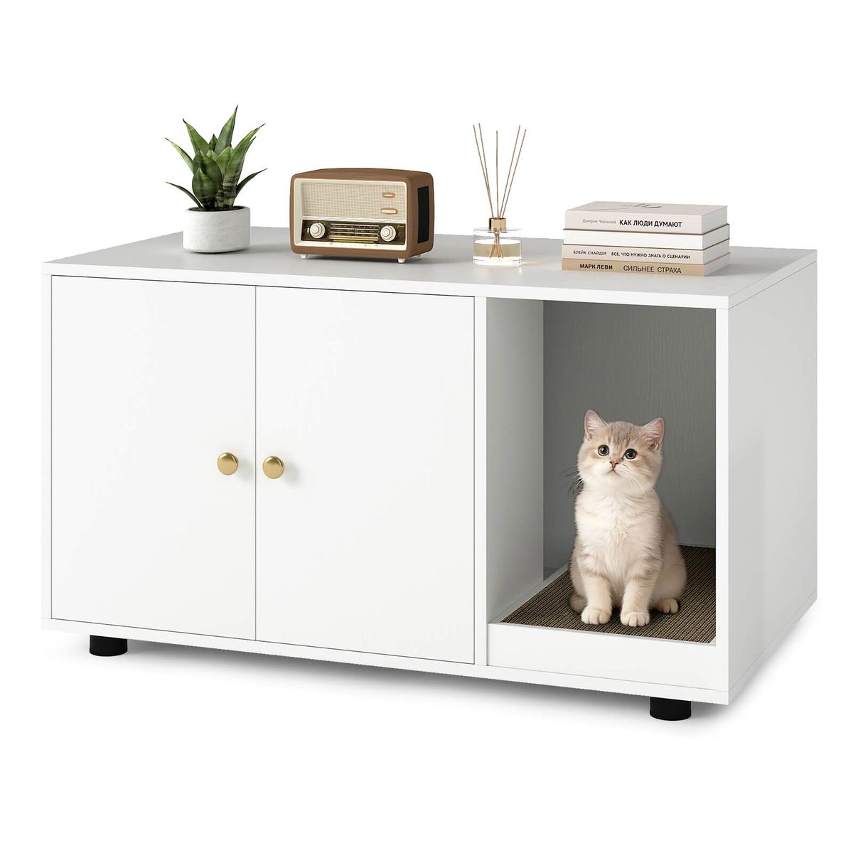 Photos - Pet Clipper Costway Wooden Cat Litter Box Enclosure with Scratching Board - White HCST11820 