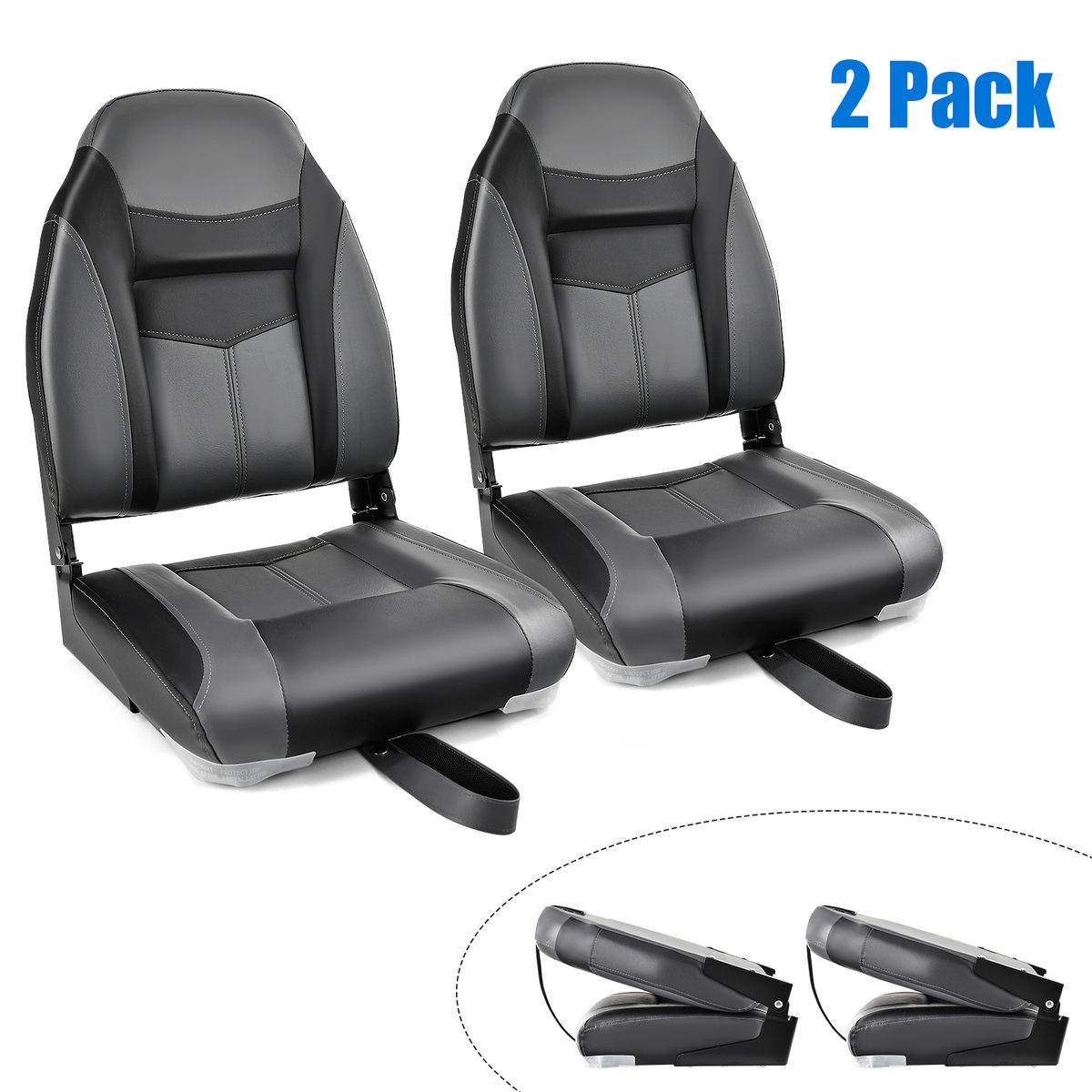 2 Pack High Back Folding Boat Seats with Sponge Cushion & Flexible Hinges - Black