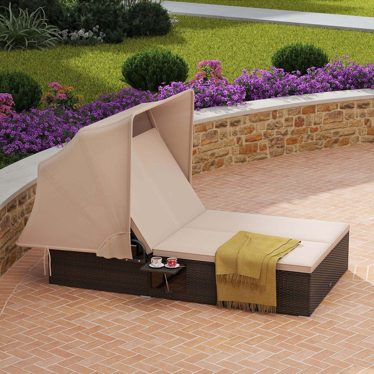 2-Person Rattan Lounge Bed with Retractable Canopy - Beige