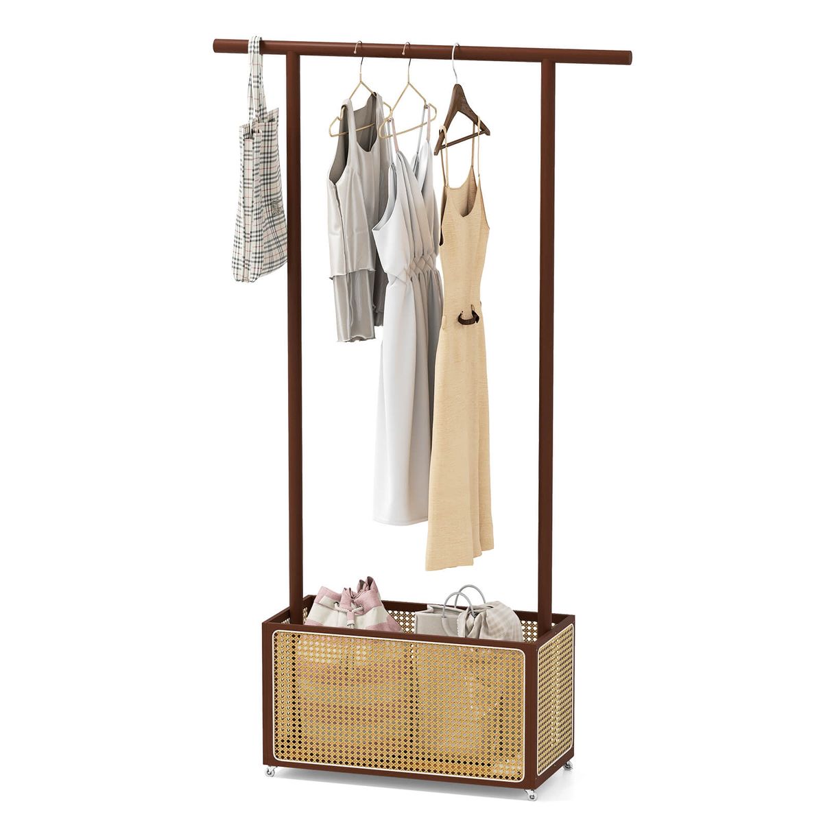 Bamboo Rolling Clothes Rack with Rattan Storage Basket - Brown