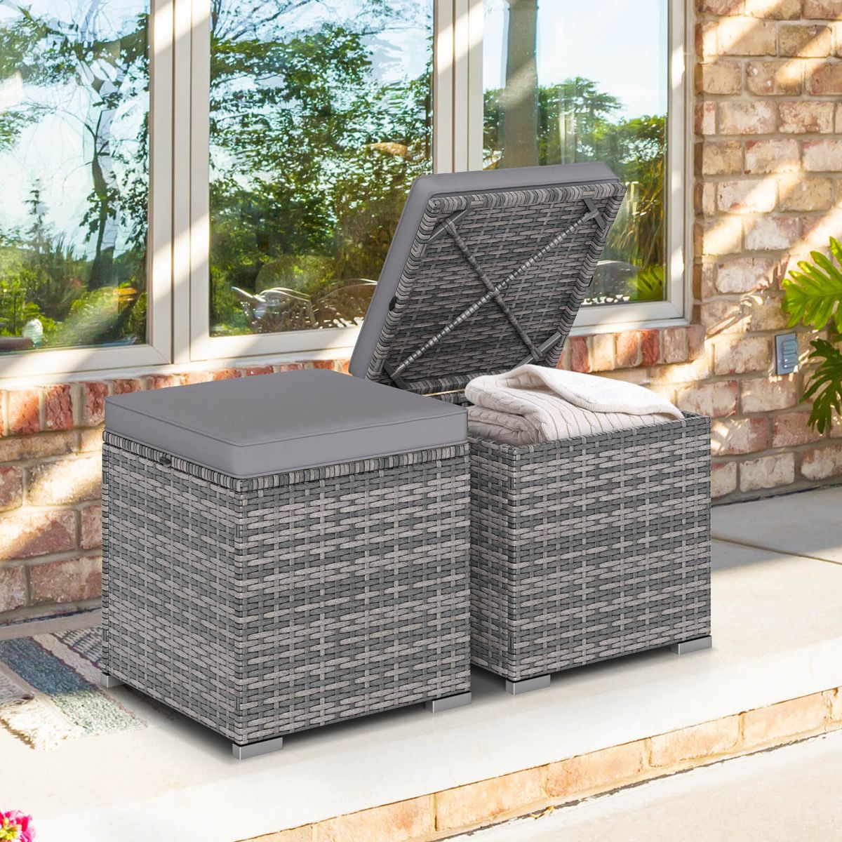 Patio Rattan Ottomans with Hidden Storage Space (Set of 2) - 2PCS Patio Ottomans Gray + Gray