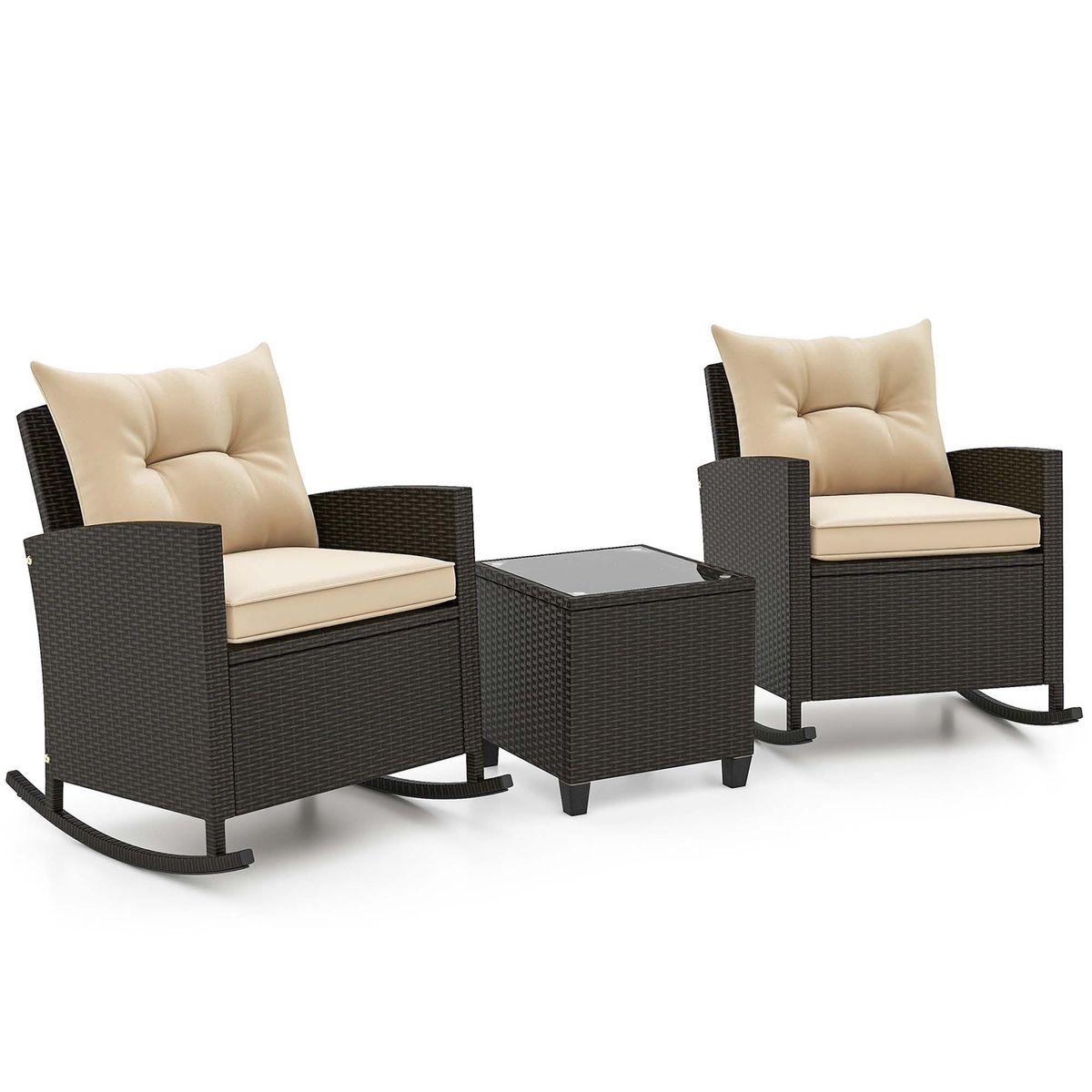 Photos - Garden Furniture Costway 3-Piece Patio Rattan Rocking Chair Set with Tempered Glass Table & Soft Cushions - Rocking Set -Beige HCST01672 