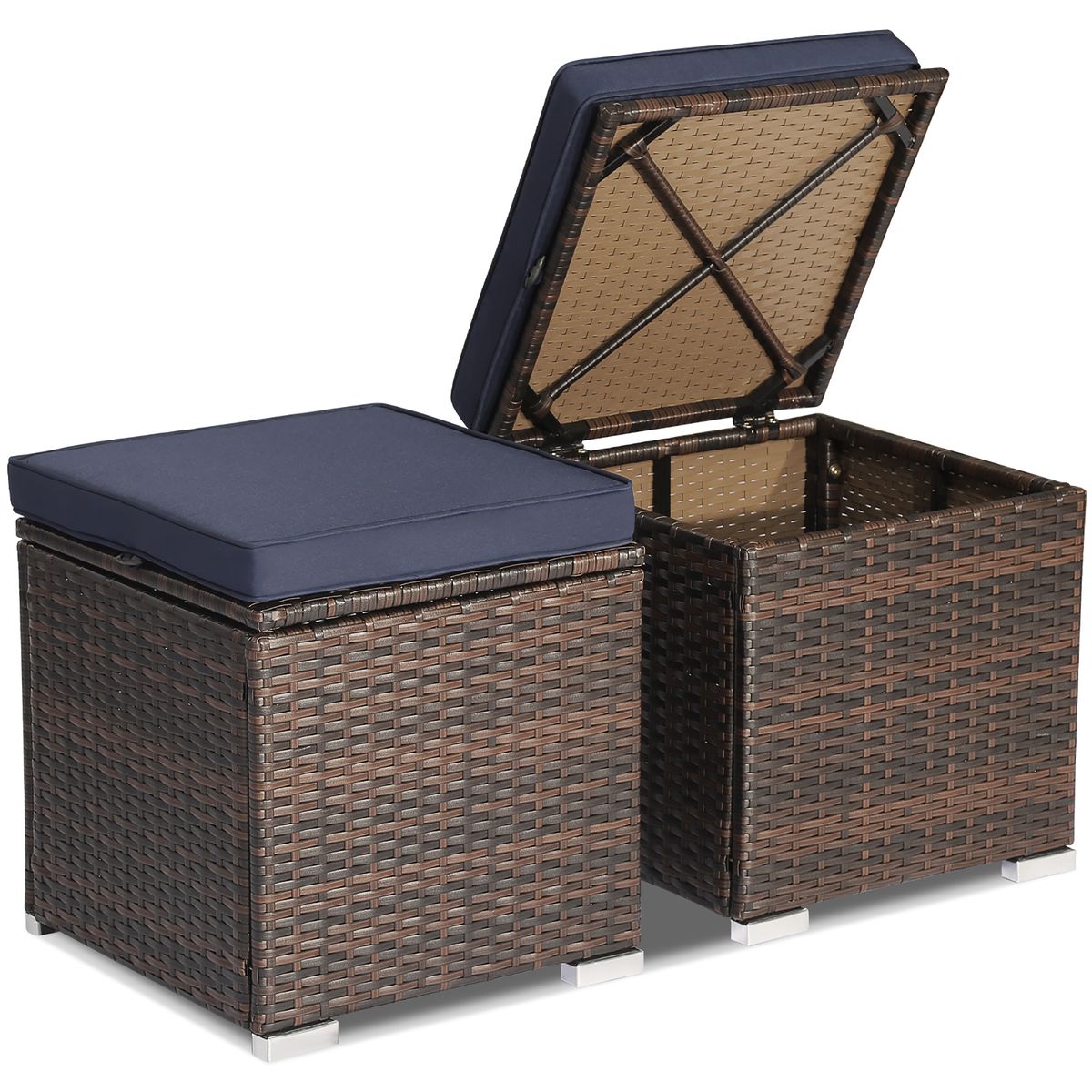 Patio Rattan Ottomans with Hidden Storage Space (Set of 2) - 2PCS Patio Ottomans Navy