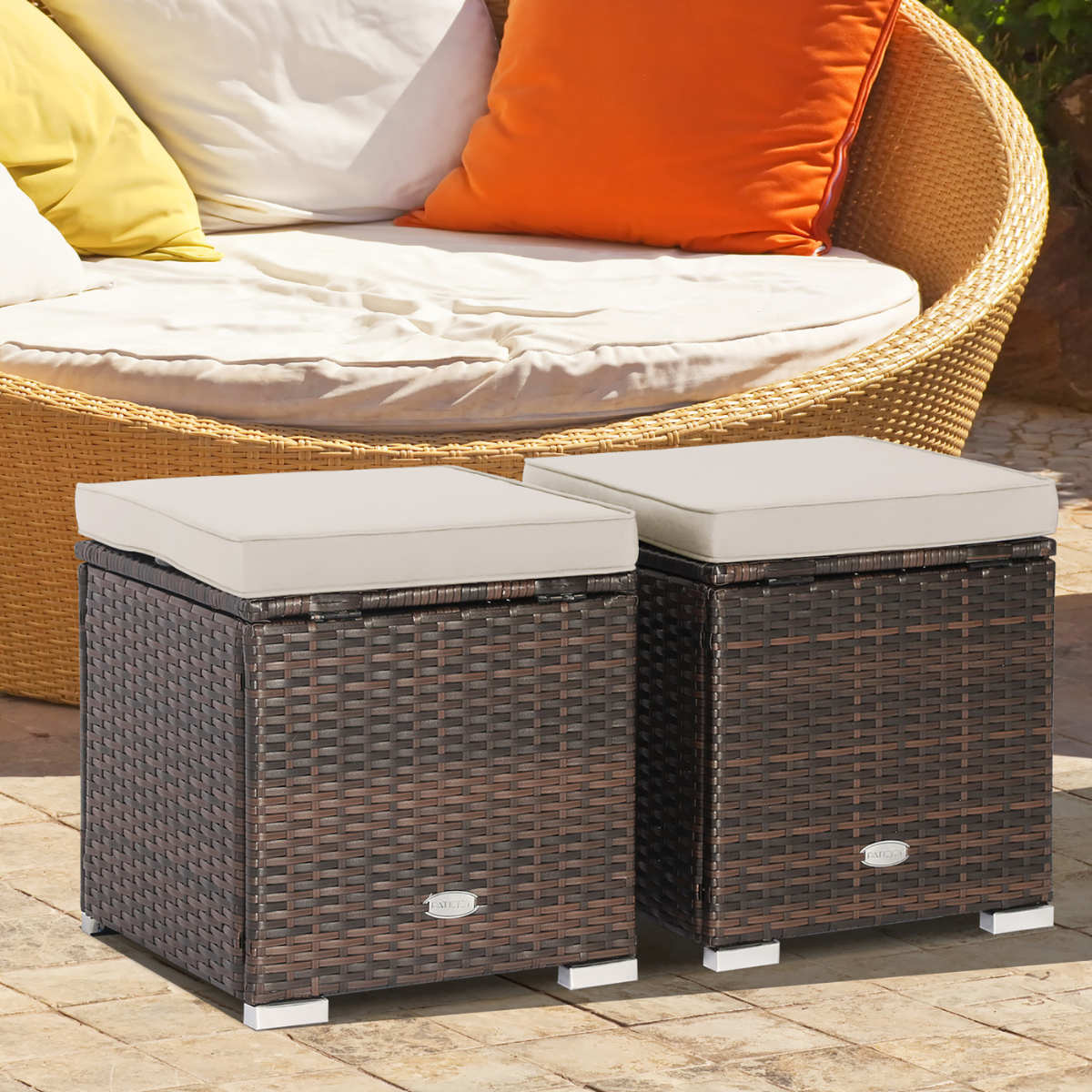 Patio Rattan Ottomans with Hidden Storage Space (Set of 2) - 2PCS Patio Ottomans Beige