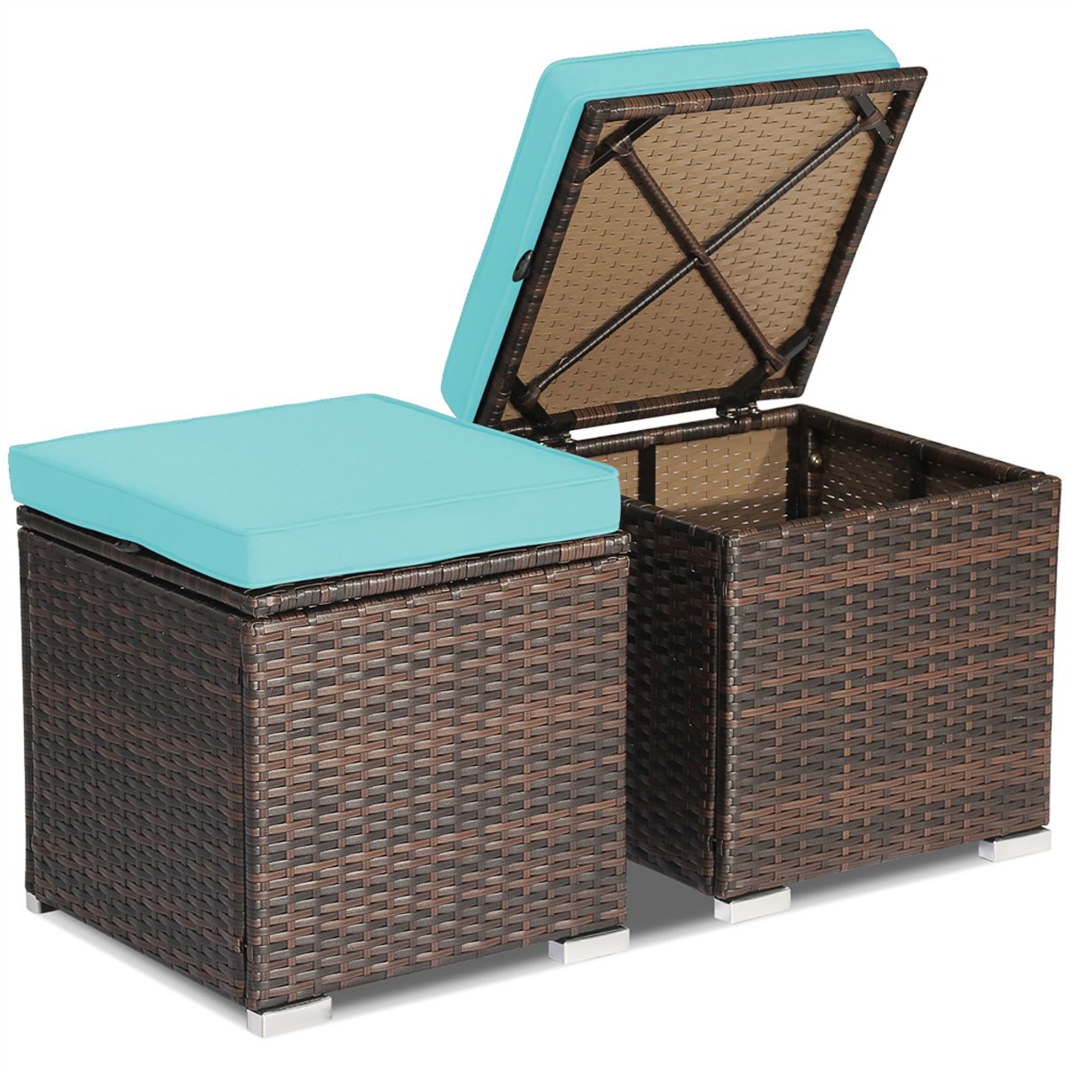 Patio Rattan Ottomans with Hidden Storage Space (Set of 2) - 2PCS Patio Ottomans Turquoise