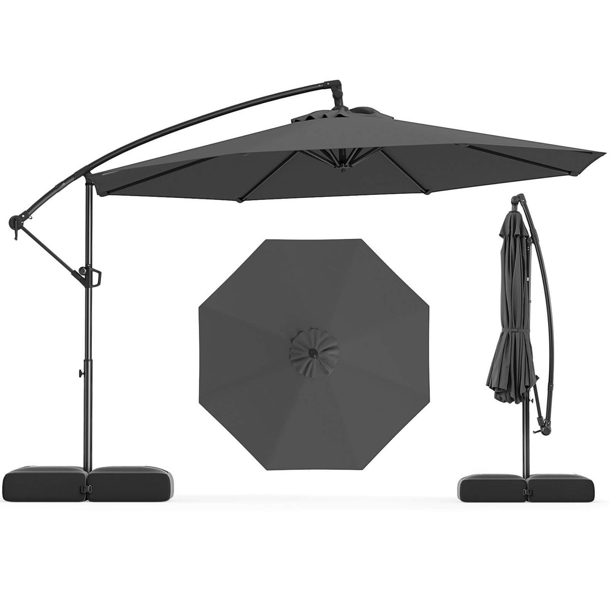 10-foot Offset Hanging Umbrella with Base (With or Without Lights) - Hanging Umbrella-Gray, No Lights