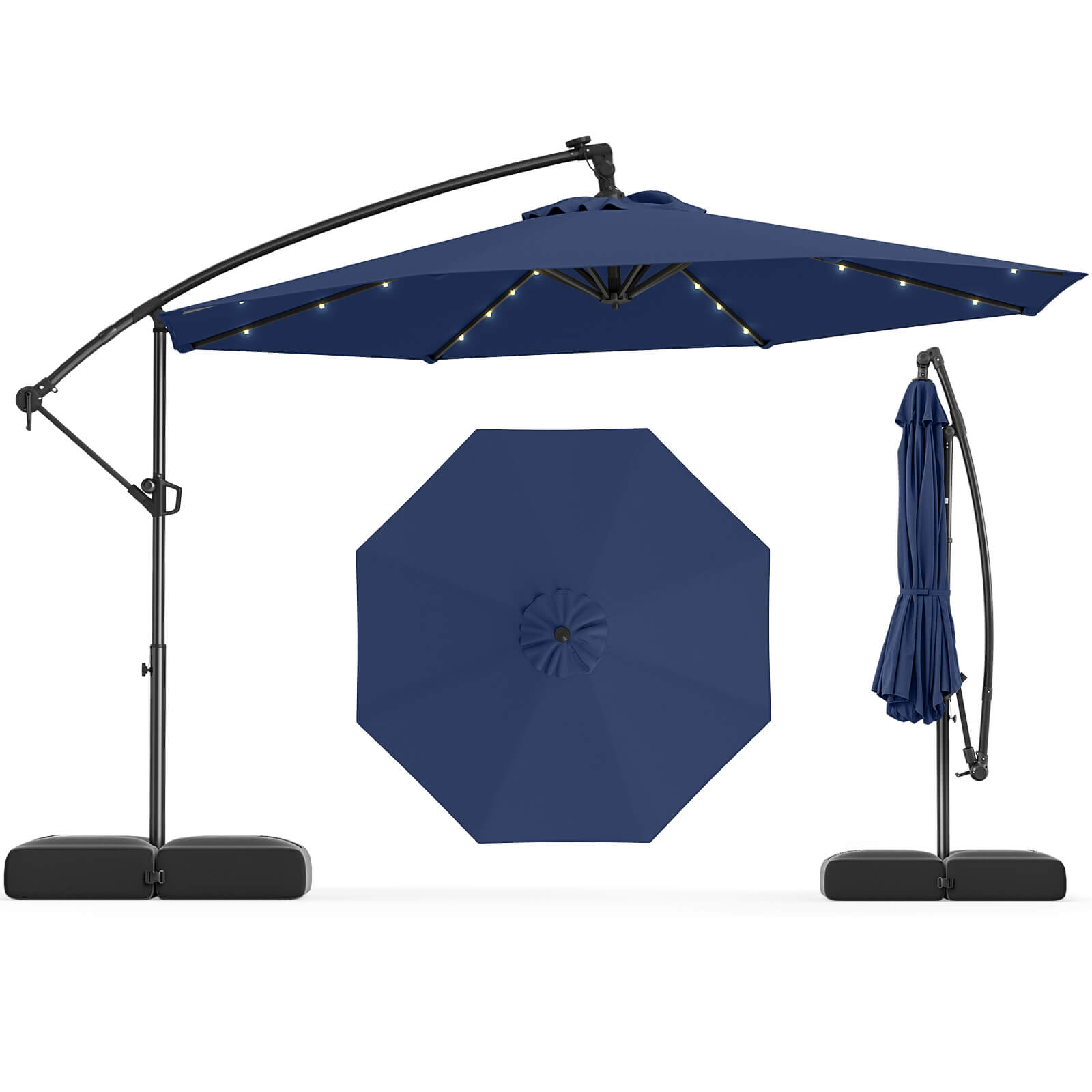 10-foot Offset Hanging Umbrella with Base (With or Without Lights) - Navy with Lights