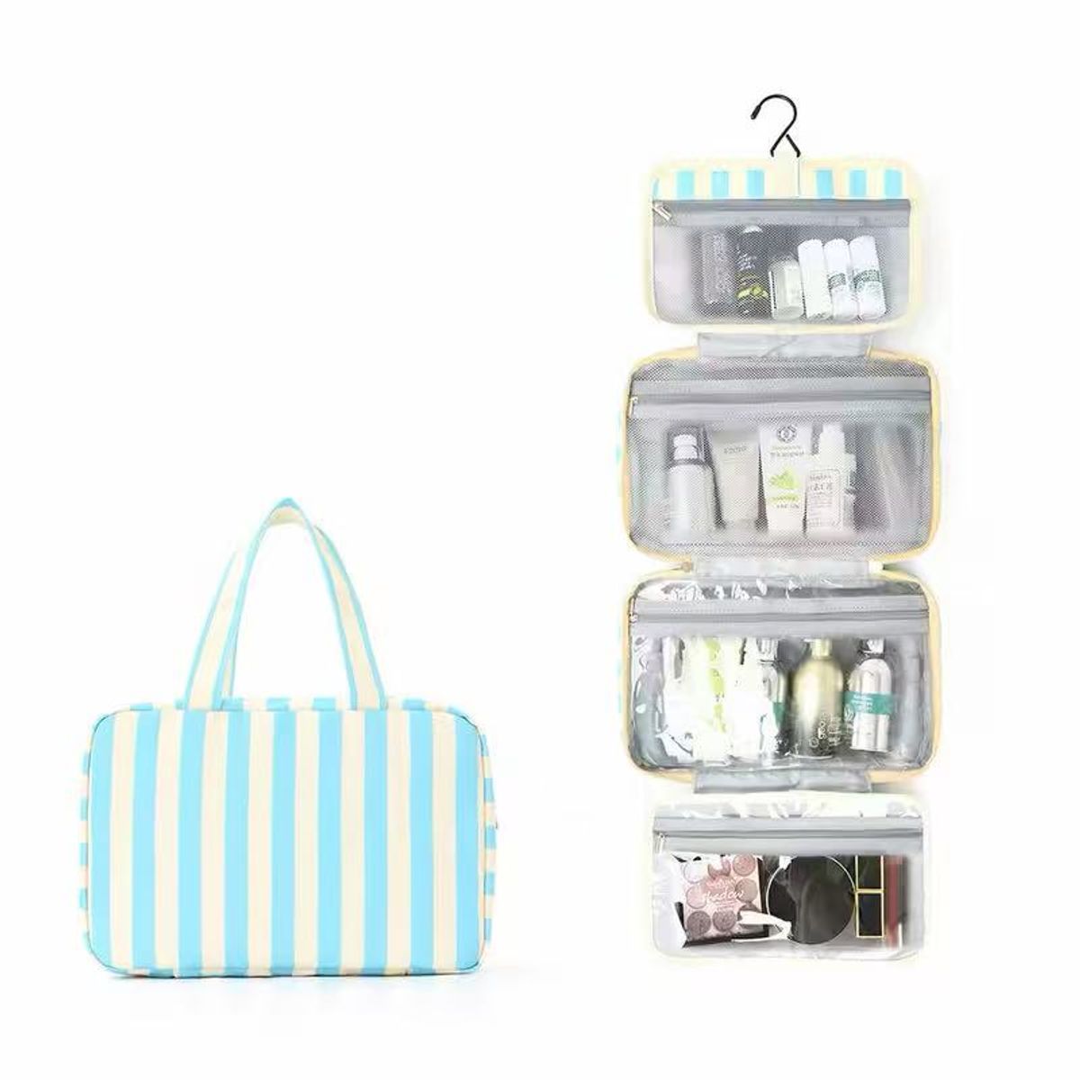 Hanging Travel Toiletry Bag  - Blue  and Beige Striped
